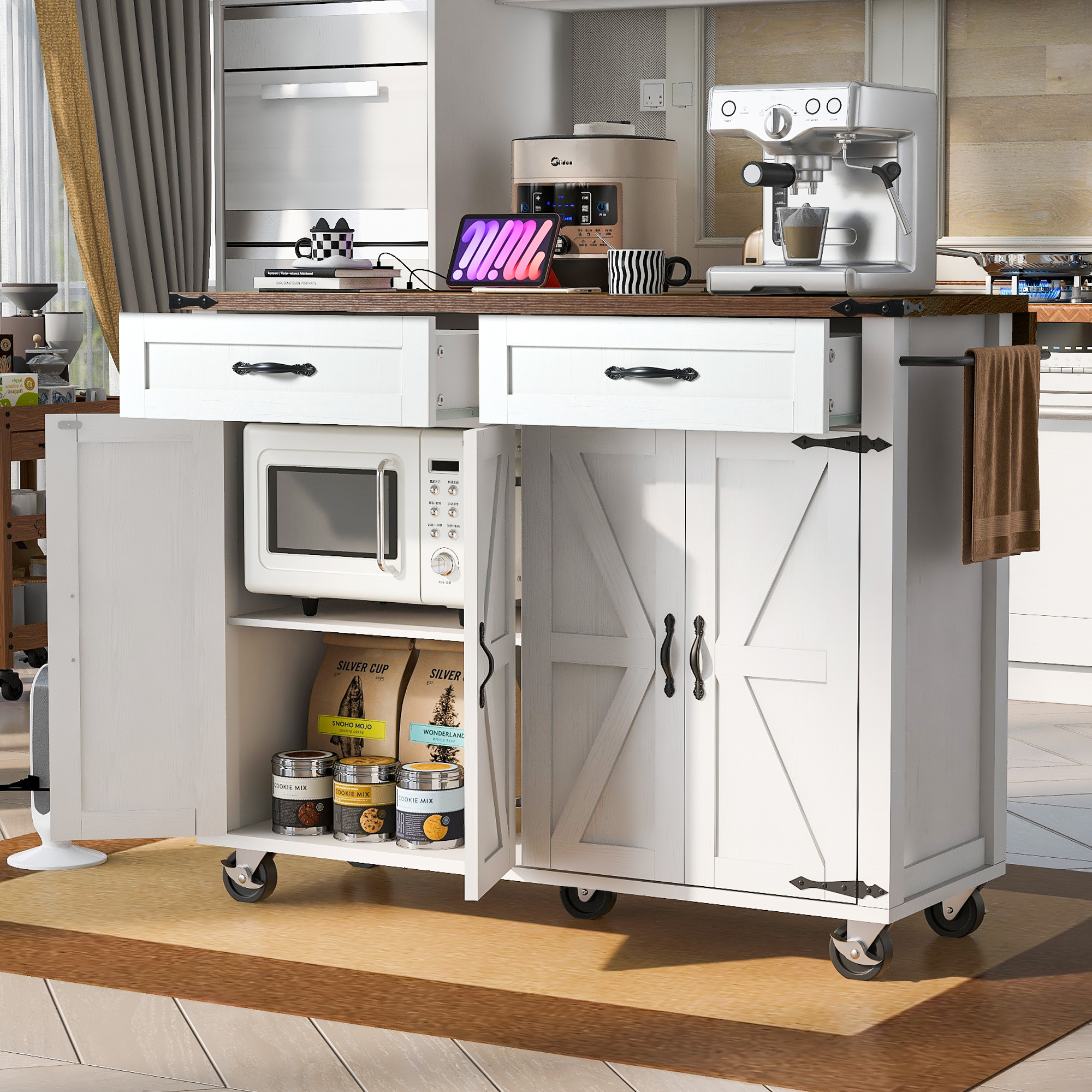 K&K 53.5”Farmhouse Kitchen Island with Power Outlet, Kitchen Storage Island with Drop Leaf, Spice Rack and Drawer, Rolling Kitchen Cart on Wheels, for Home, Kitchen and Dining Room, White