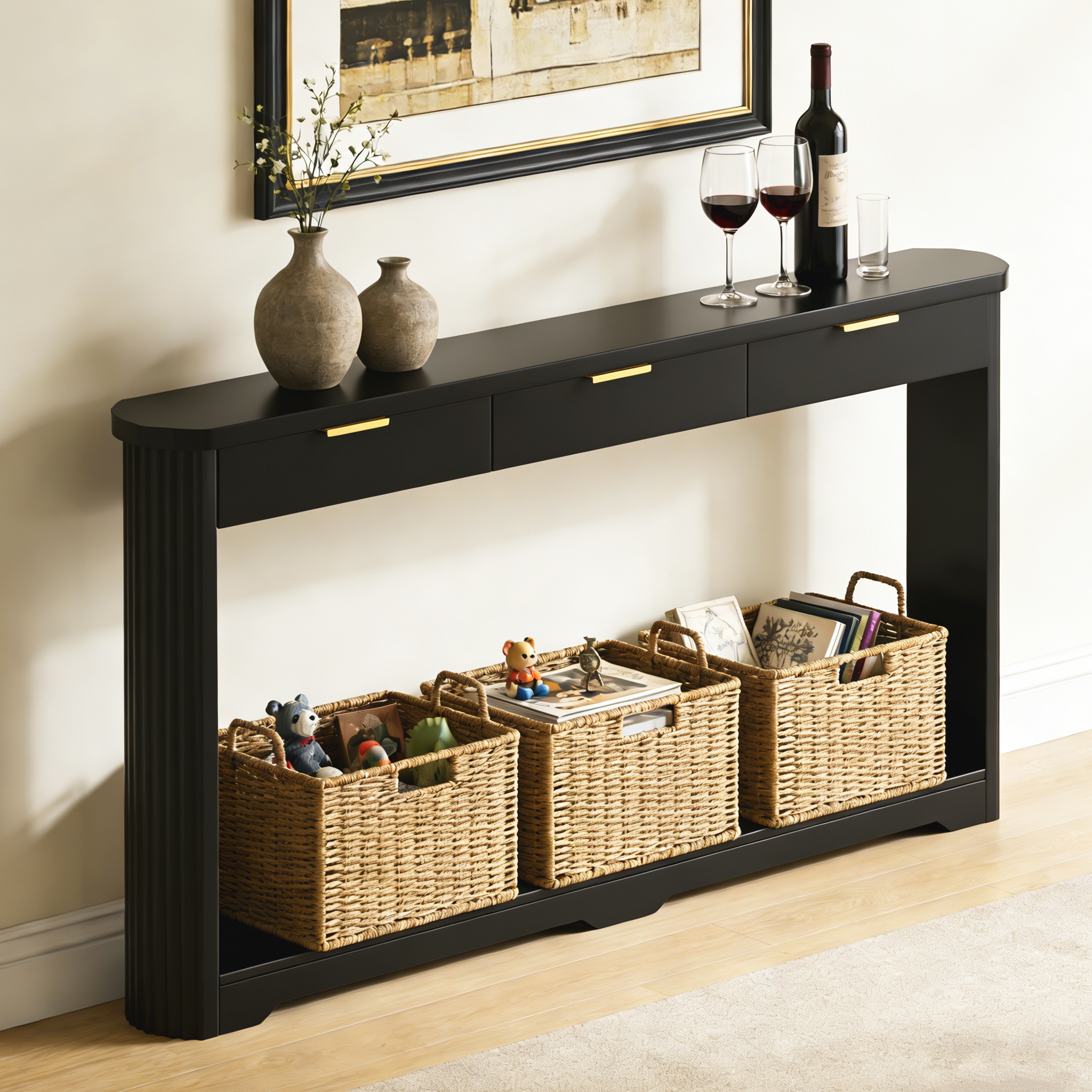 70.1″ Wavy-Patterned Storage Table with Drawers; a slim wooden side table that can be placed behind a sofa, ideal for entryways, hallways, and doorways.Black.70.1″L*8.7″W*35.5″H