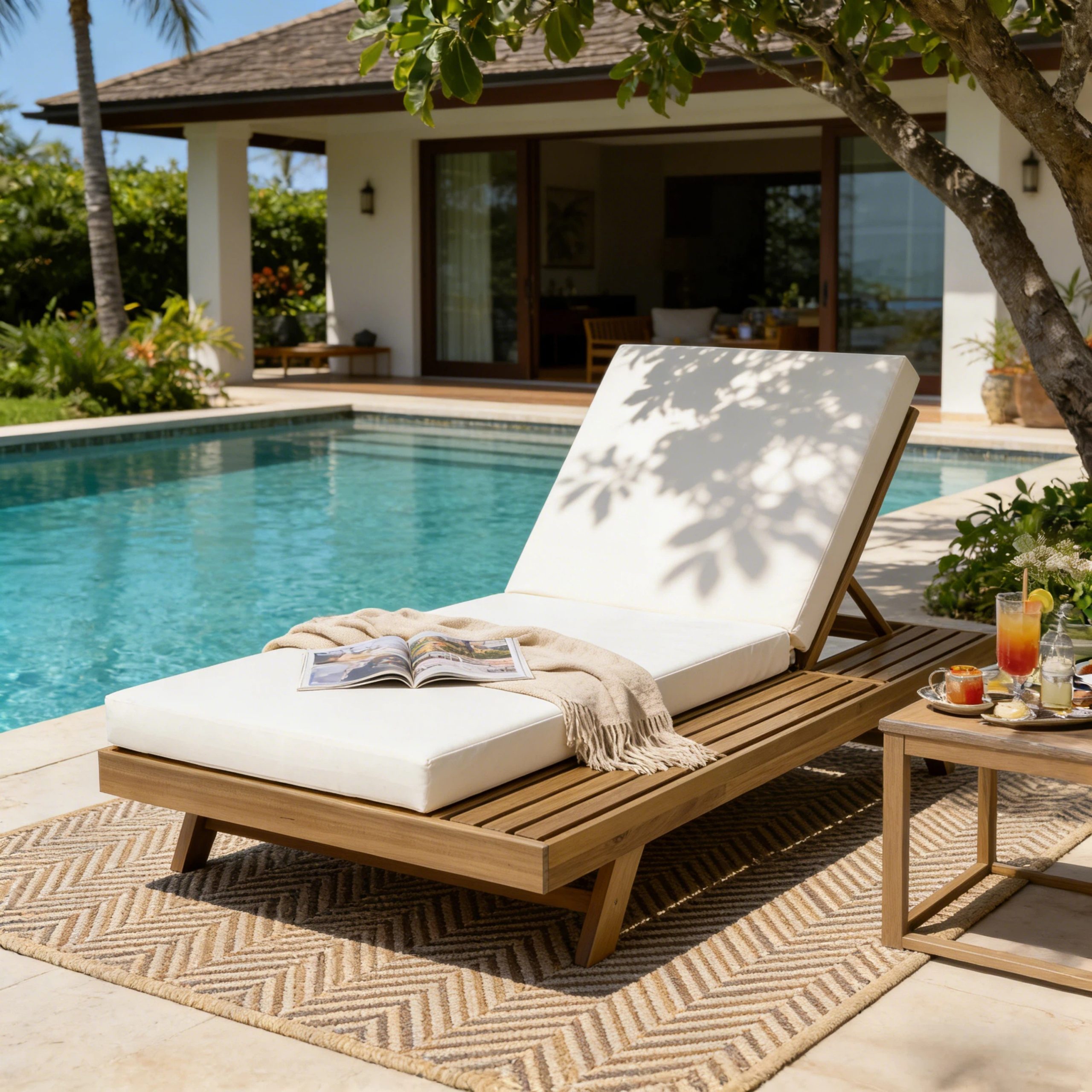 Lounge Chaise Set, Space Available On One Side, Acacia Wood In light brown With Water-Resistant Lounge Cushions (Cream & 4 Inch Thick) – Matching Dark Grey Version Available