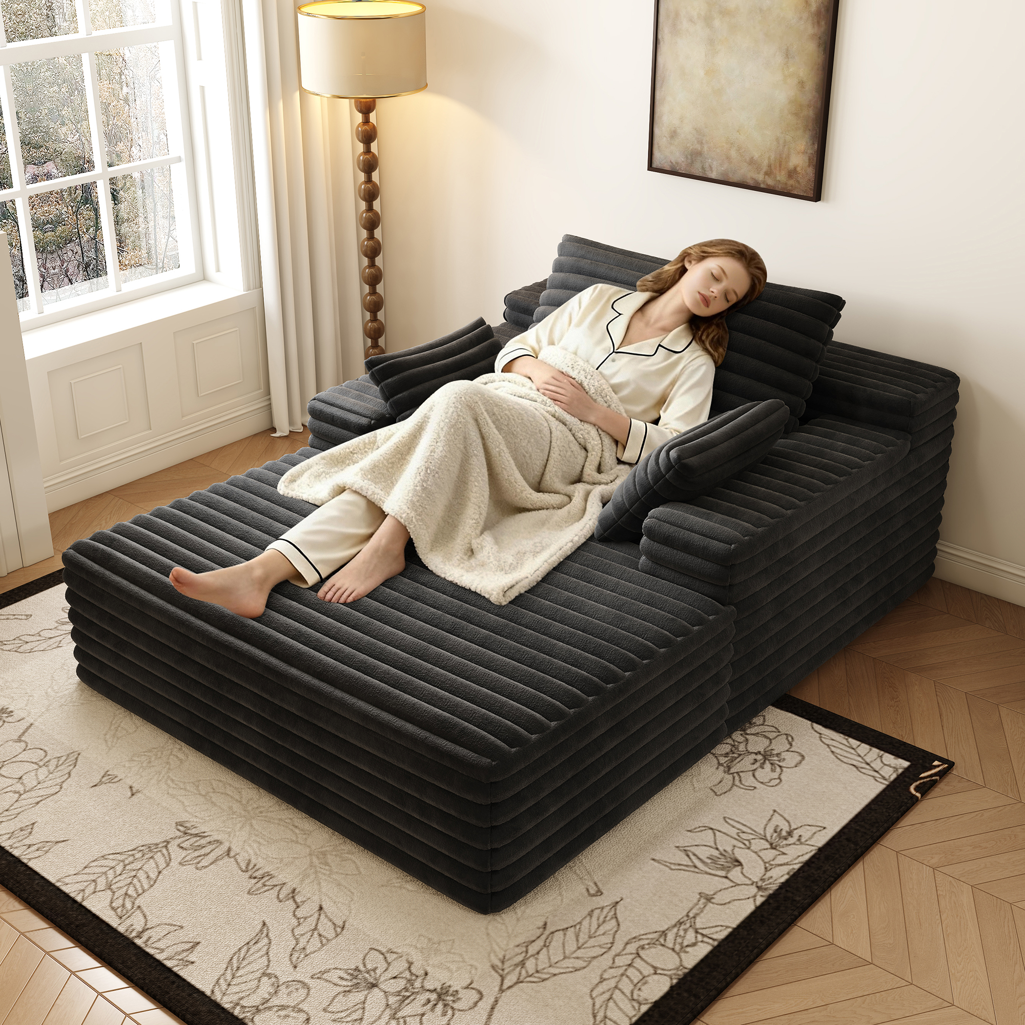 63″*47″odern Sofa bed  lounger for moviebonus room,No Assembly Required,Black(Plush Corduroy Fabric)