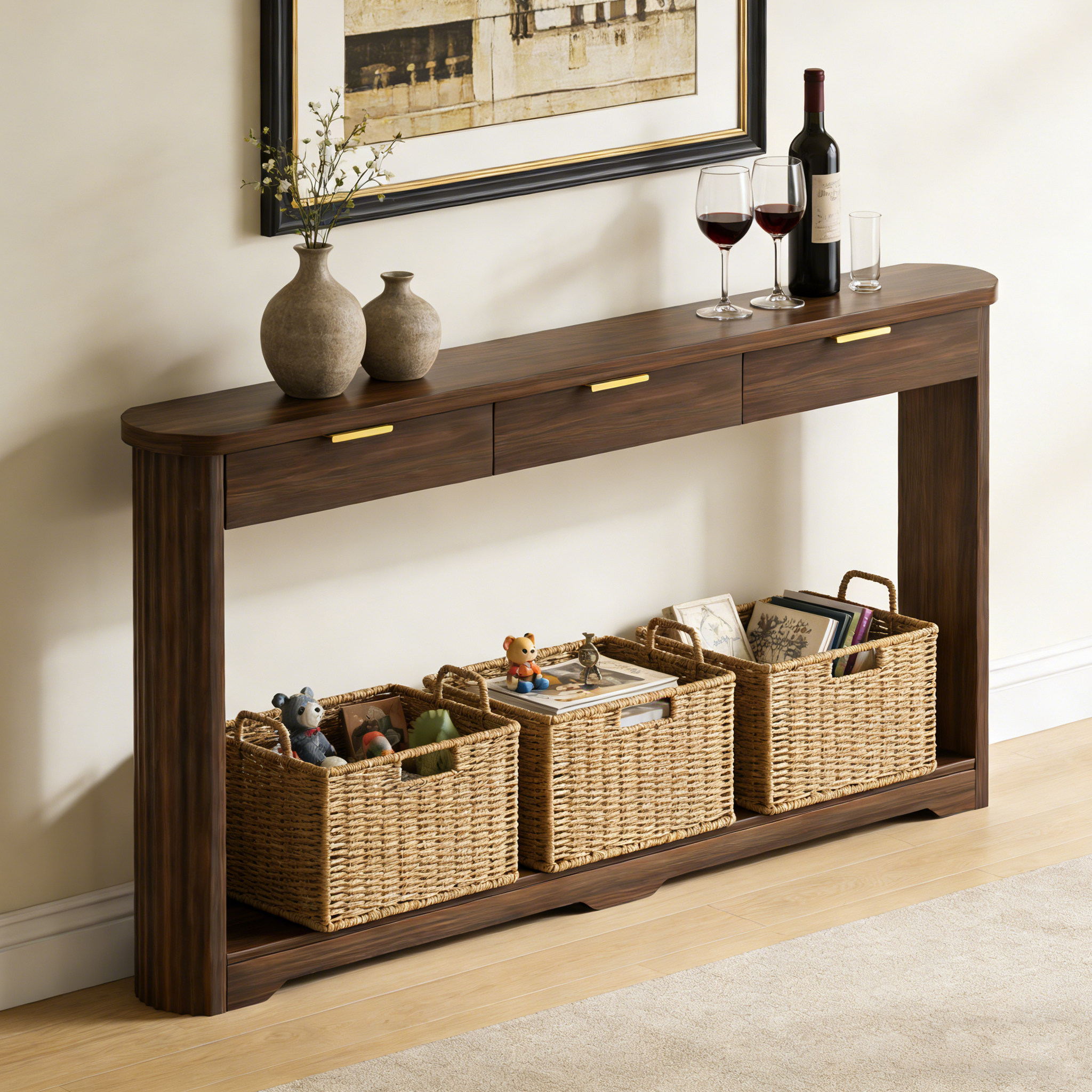 70.1″ Wavy-Patterned Storage Table with Drawers; a slim wooden side table that can be placed behind a sofa, ideal for entryways, hallways, and doorways.Walnut.70.1″L*8.7″W*35.5″H