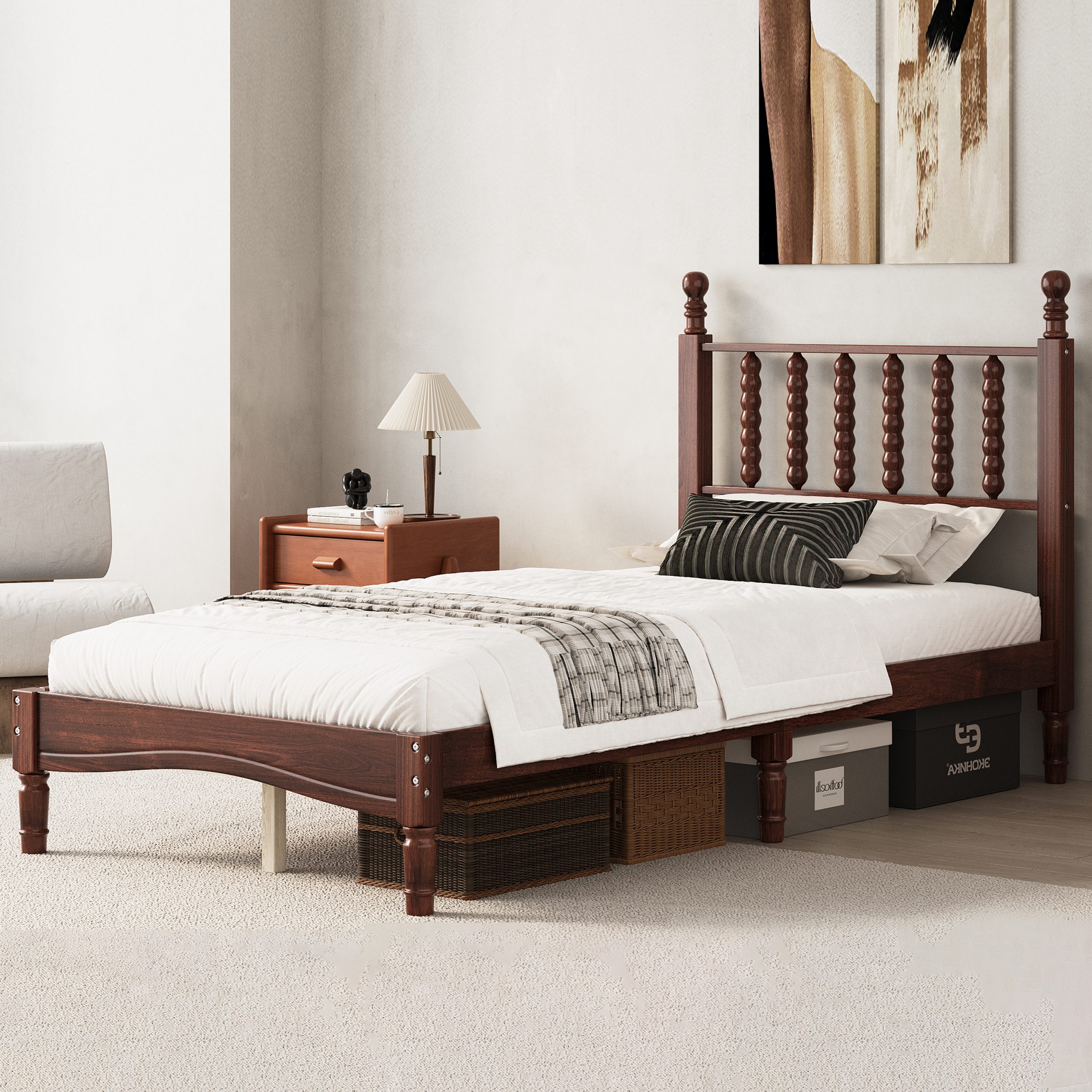 Twin Size Wood Platform Bed with Gourd Shaped Headboard,Retro Style Platform Bed with Wooden Slat Support,Walnut