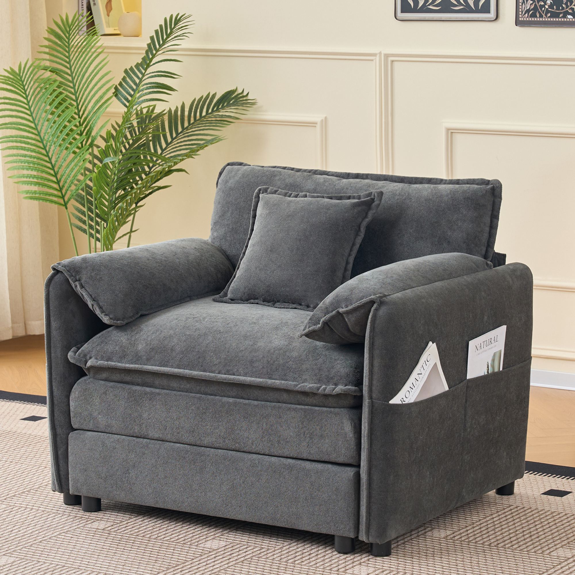 Oversized 41.73″ Sofa Chair, Modern Upholstered Armchair with 1 Toss Pillow, Modular Sectional Sofa for Living Room, Deep Seat Reading Sofa for Bedroom Apartment, DIY Combination Chenille,Grey