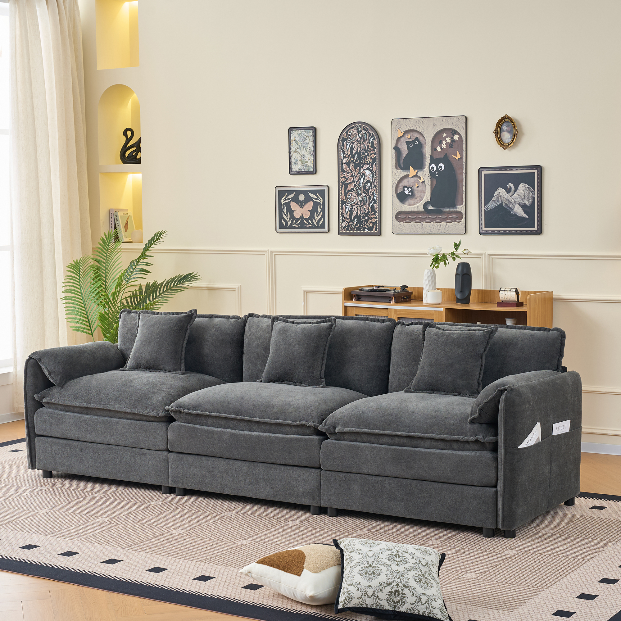 Oversized Deep Seat Sectional Sofa, Modern Chenille Cloud Couch, Large 3 Seater Modular Sofa with 3 Pillows for Living Room Bedroom Apartment Office,DIY Combination,Grey