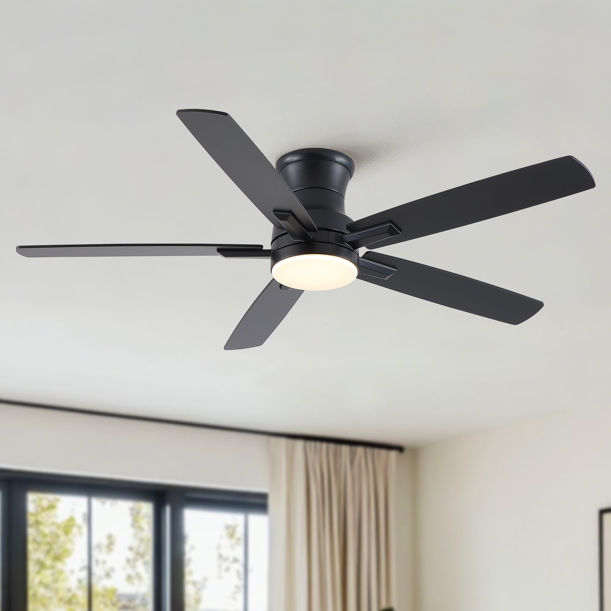 52″ Mordern Farmhouse Matte Black Flush Mount Low Profile Ceiling Fan with Light and Remote Control Reversible Quiet Motor