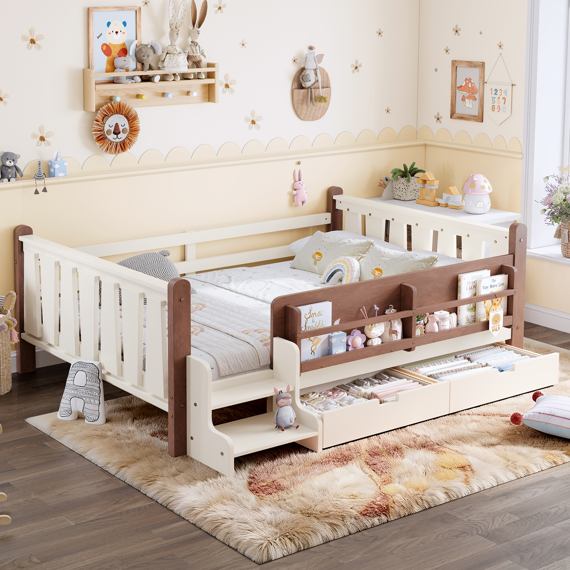 Full Size Floor Bed with Storage Bookcases and Drawers, Solid Wood Kids Floor Bed with Cute Stairs and Guardrails, No Box Spring Needed, Beige