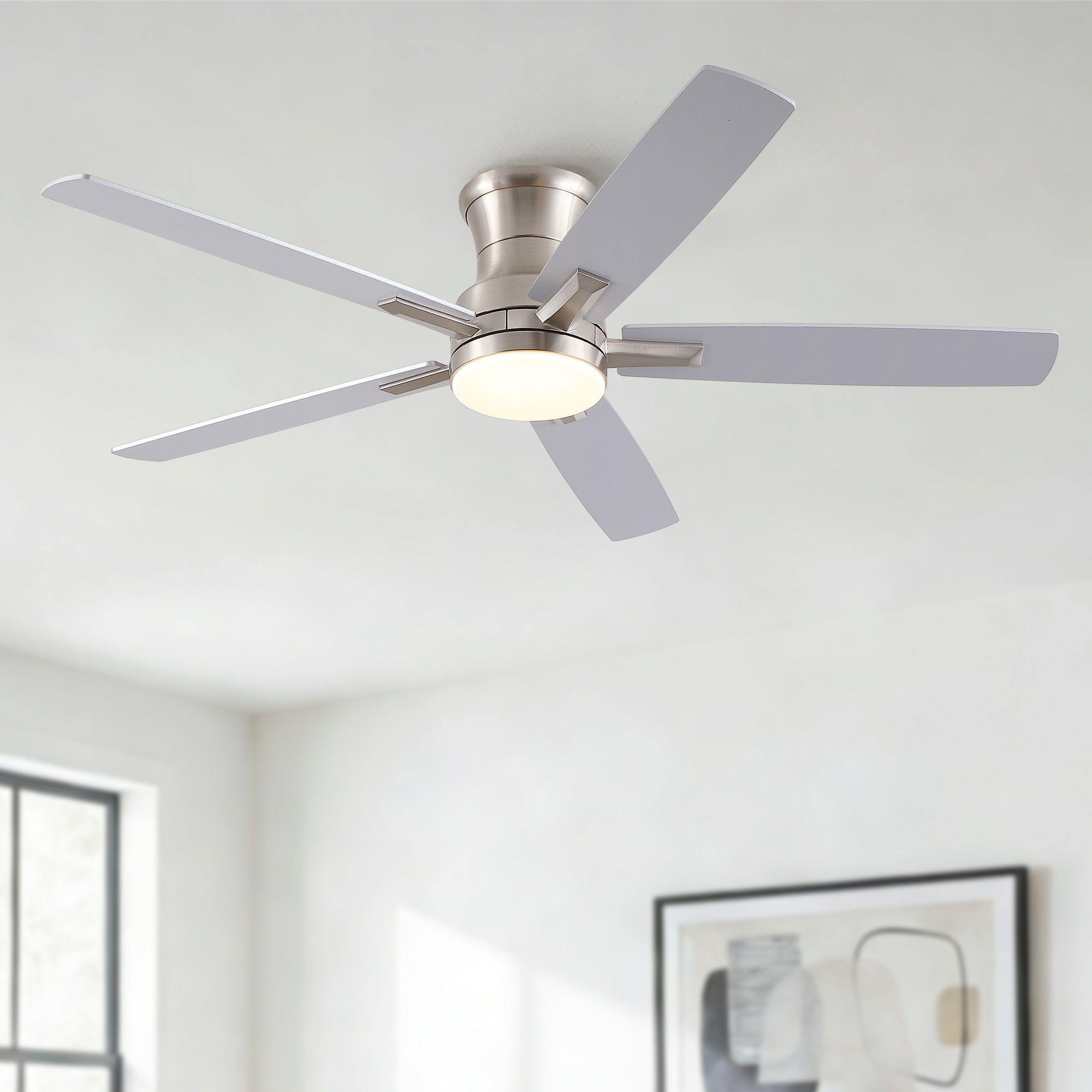 52″ Mordern Brushed Nickel Flush Mount Ceiling Fan with Light and Remote Control Reversible Quiet Motor