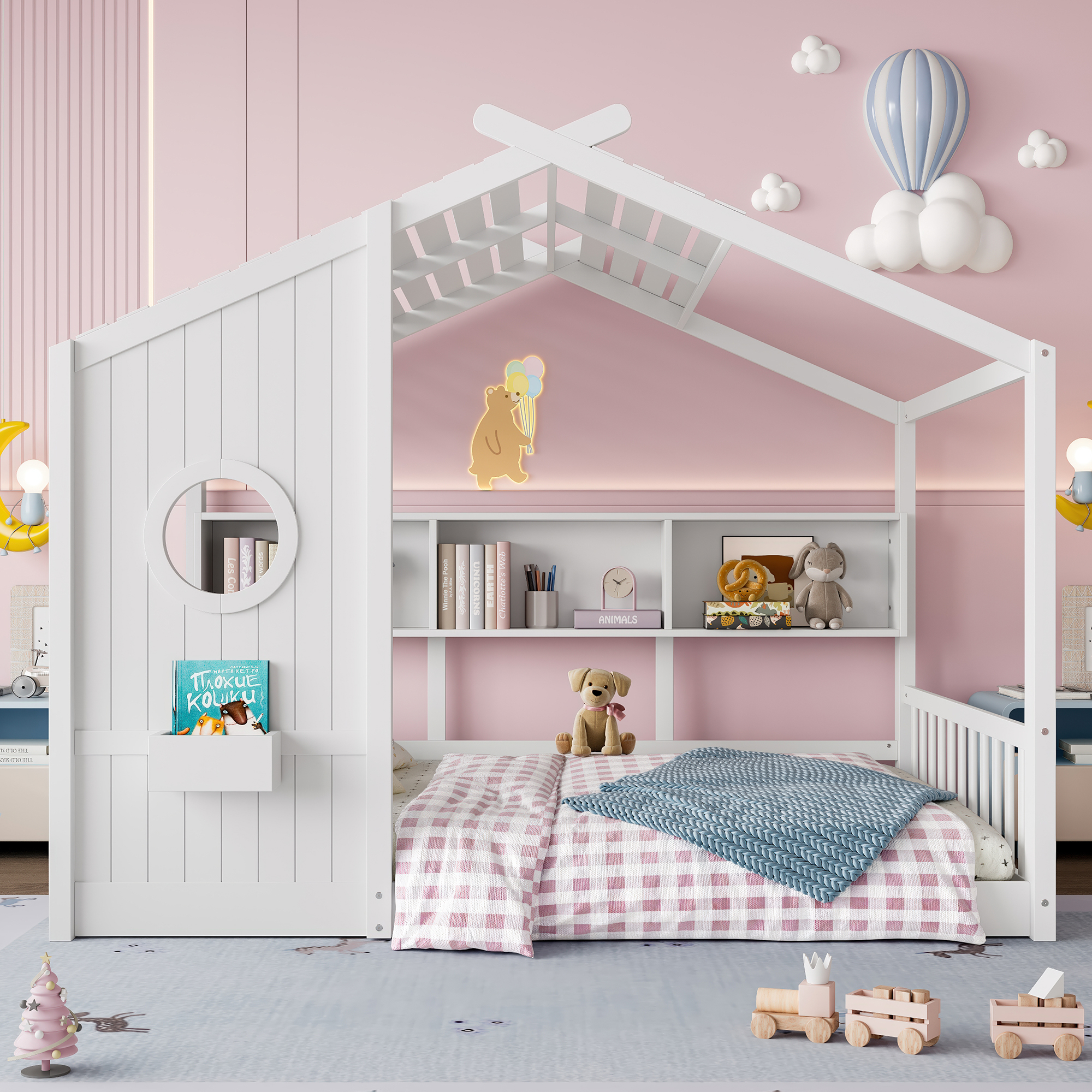 Full Size Floor House Bed for Toddler, Kids Montessori Bed  with Storage Shelf, Playhouse Bed with Roof Design, White