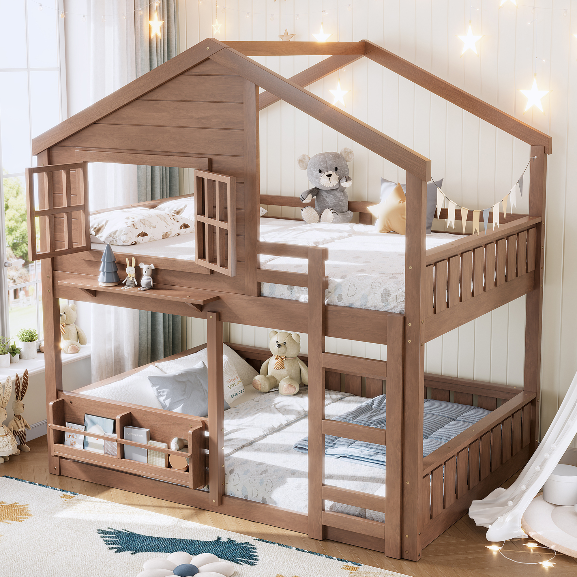 Full Size Bunk Bed/Loft Bed with Bookshelf, House Design, High-Quality Safety Fencing, Natural