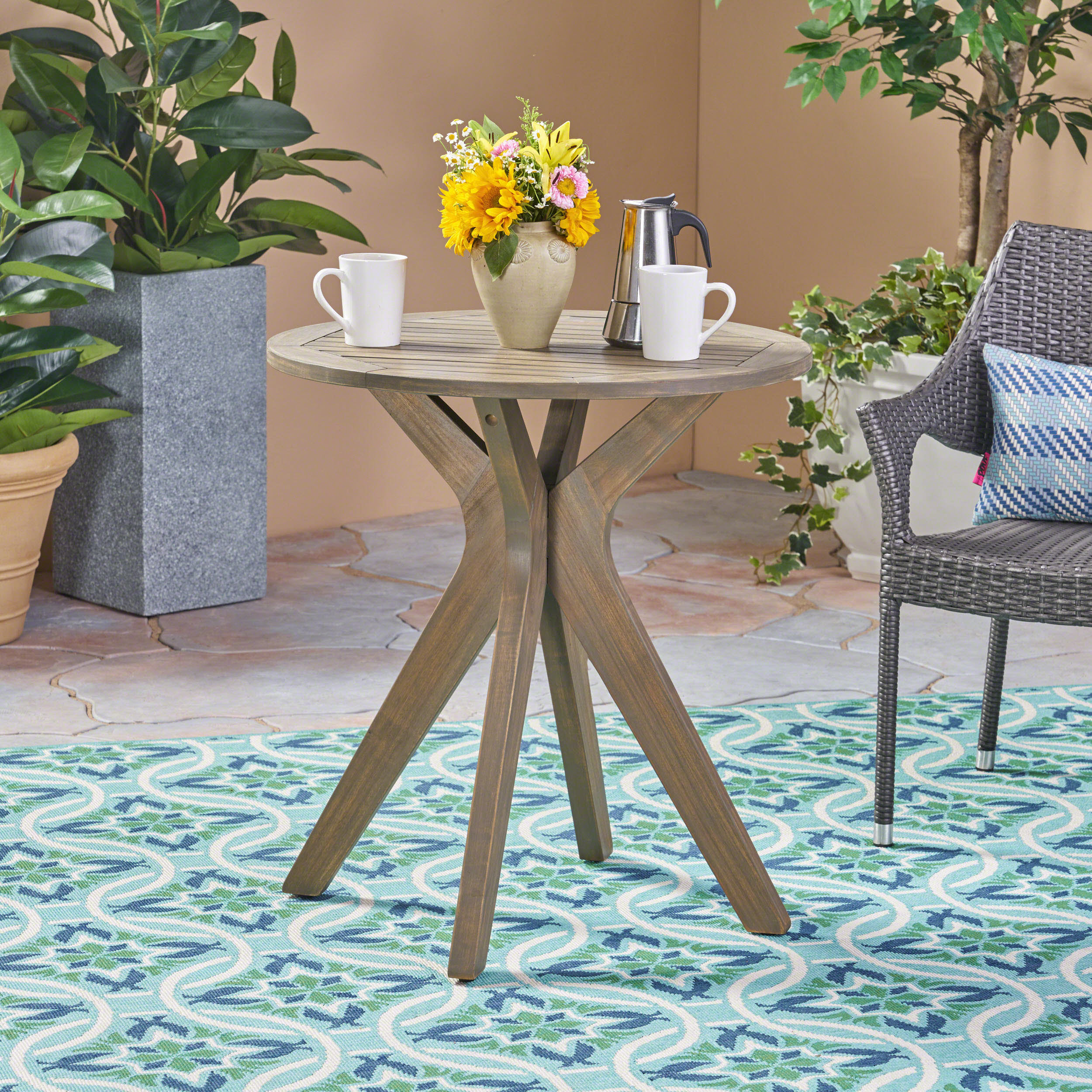 Stamford Grey Acacia Wood Outdoor Side Table – 30″ Tall Round Patio Accent Table with X-Leg Design