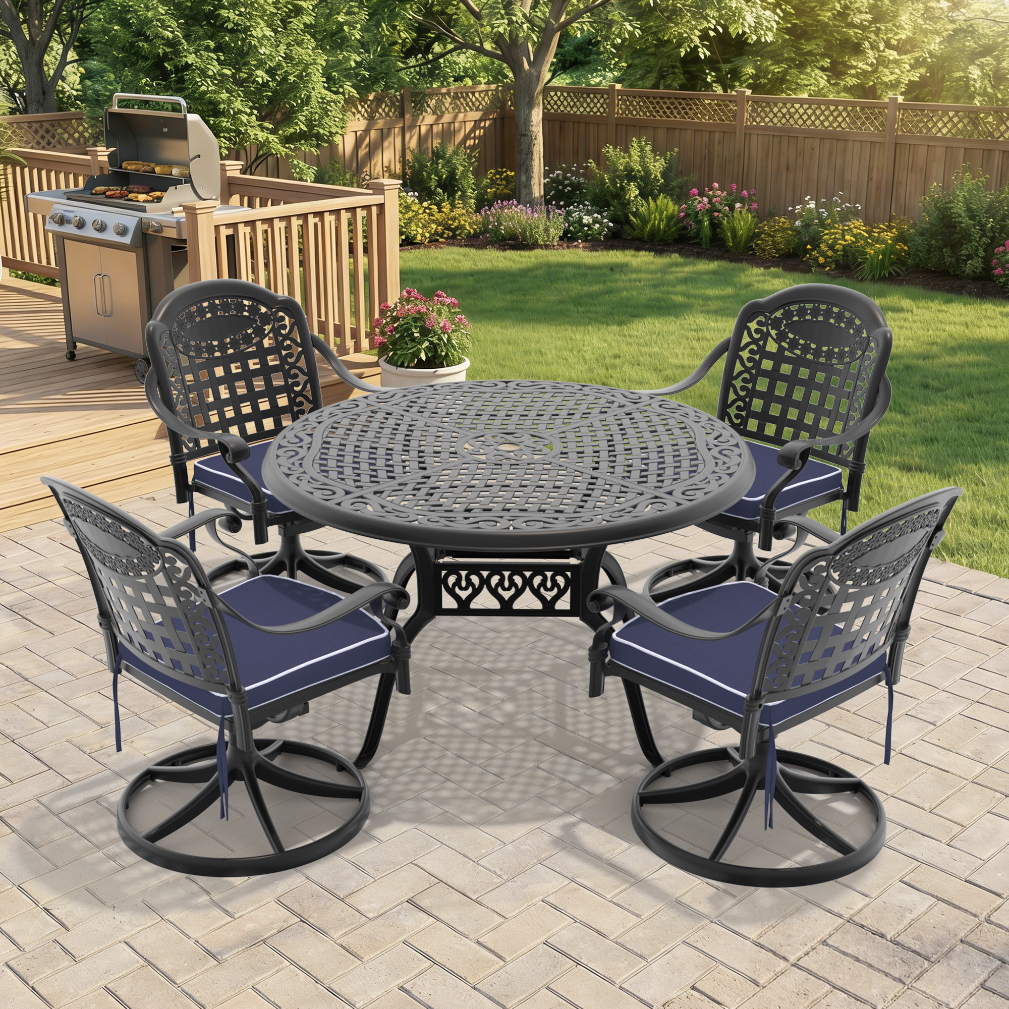 5-Piece All-Weather Cast Aluminum Dining Set, Include 4 Swivel Chairs and 48.03″ Round Table With Black Frame