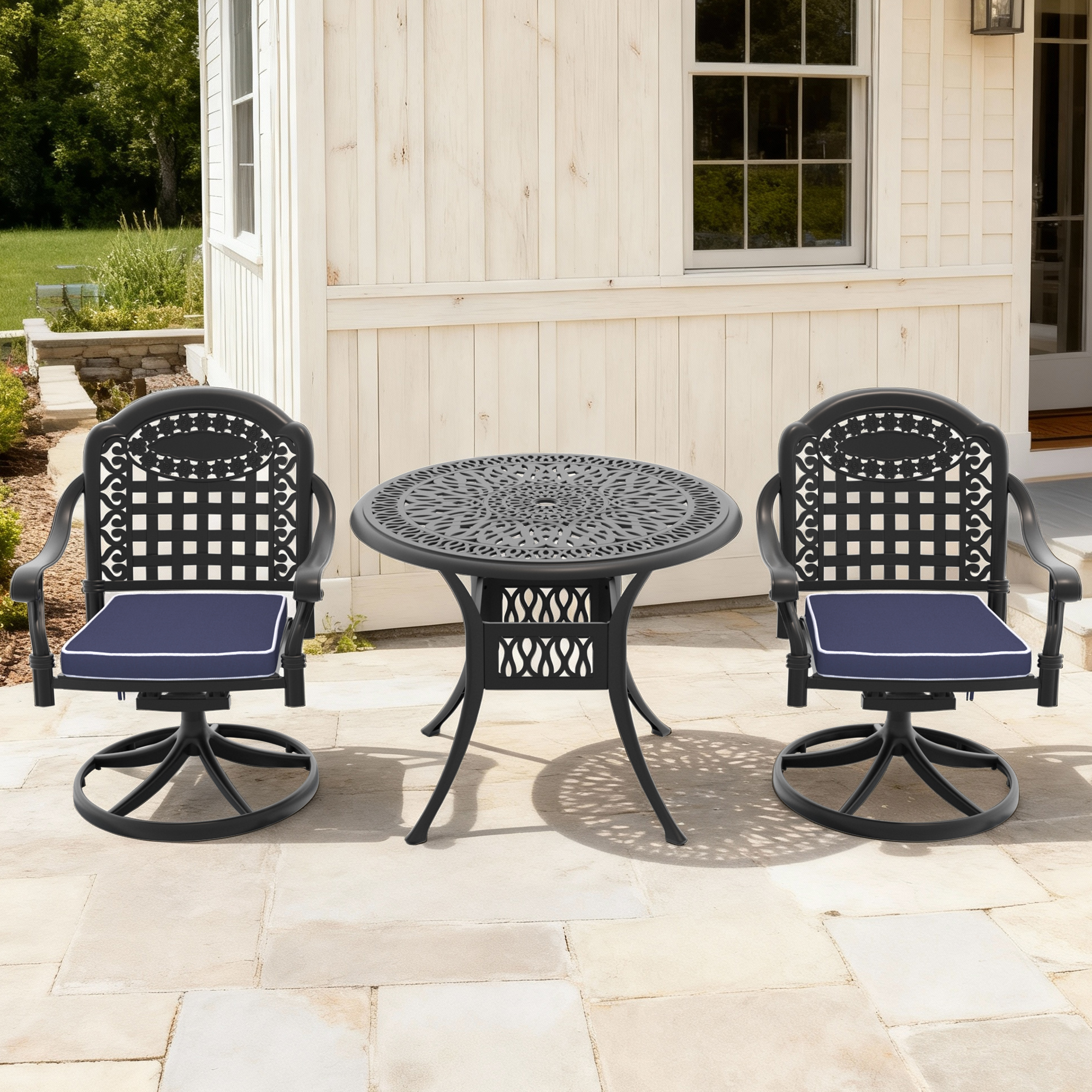 3-Piece All-Weather Cast Aluminum Dining Set, Include 2 Swivel Chairs and 35.43″ Round Table With Black Frame
