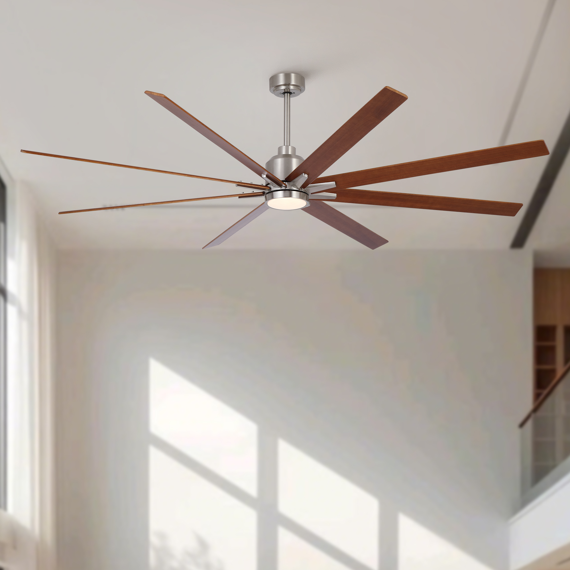 84″ Oversized Large Brushed Nickel Black Walnut Solid Wood Ceiling Fan with Dimmable Led Light 8 Black Walnut Solid Wood Blades Remote Control Reversible DC Motor For Living Room Warehouse Villa