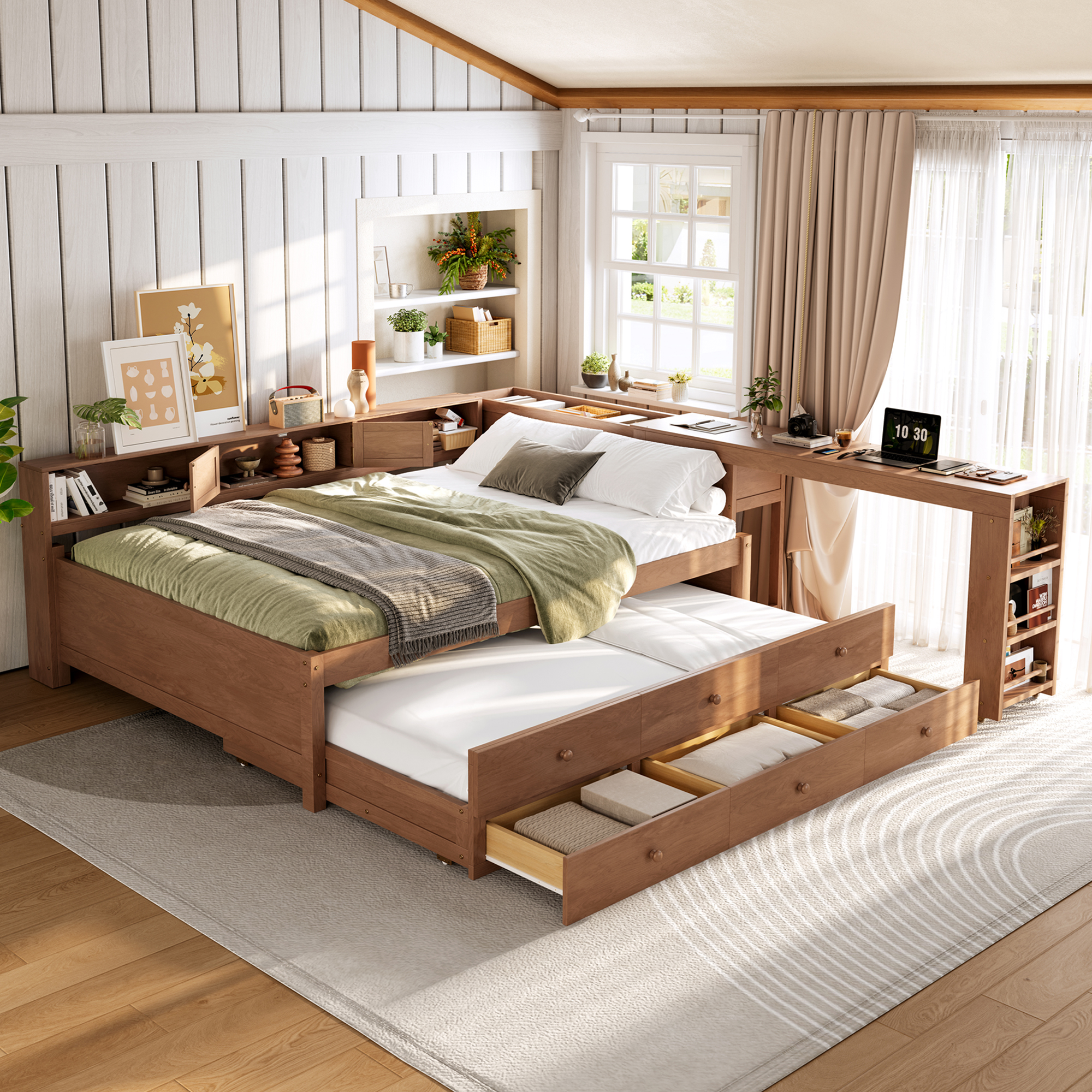 Full Size Daybed With Trundle,Wood Daybed Frame with Storage Drawers,Side Shelves and Desk,Vintage brown