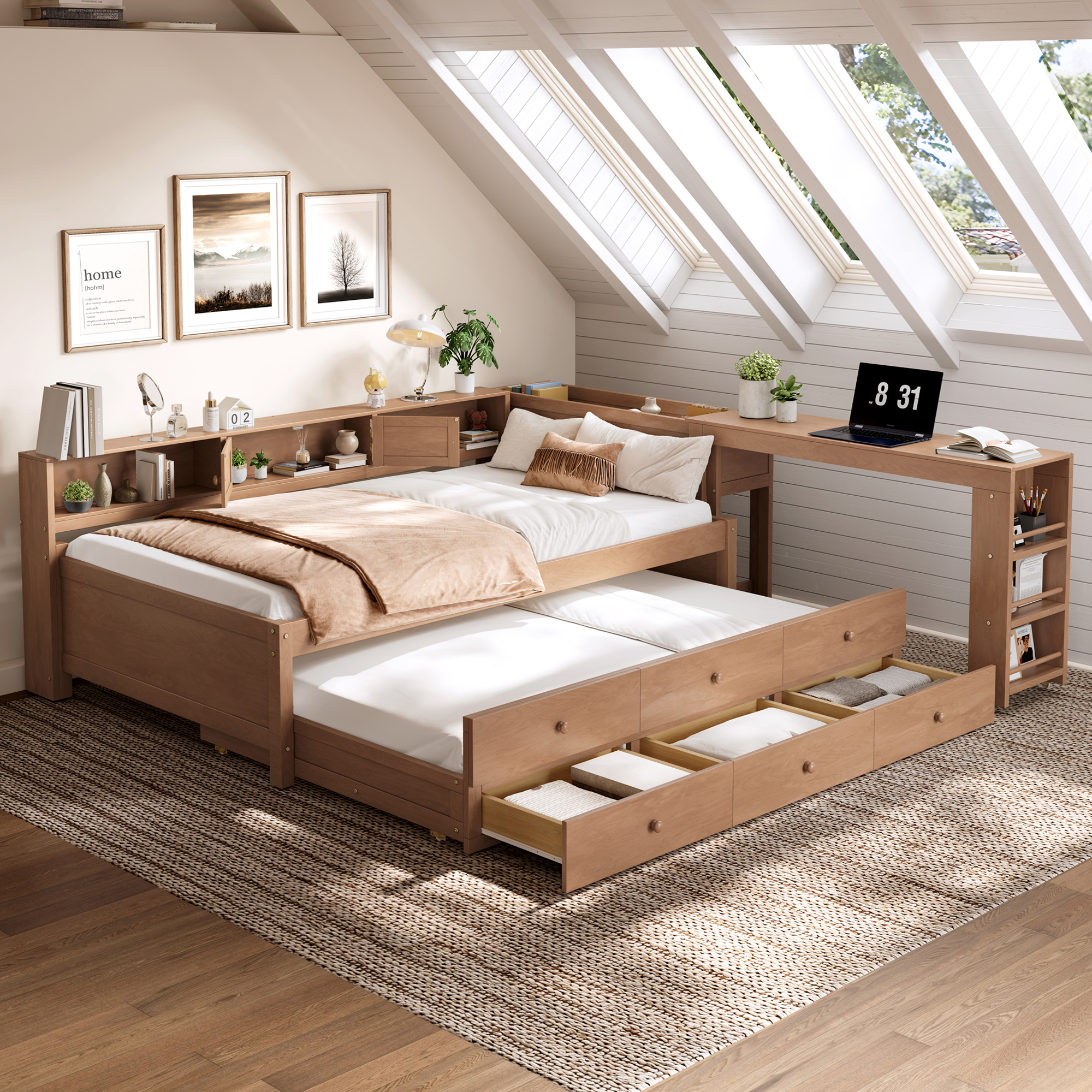 Twin Size Daybed With Trundle,Wood Daybed Frame with Storage Drawers,Side Shelves and Desk,Vintage Brown