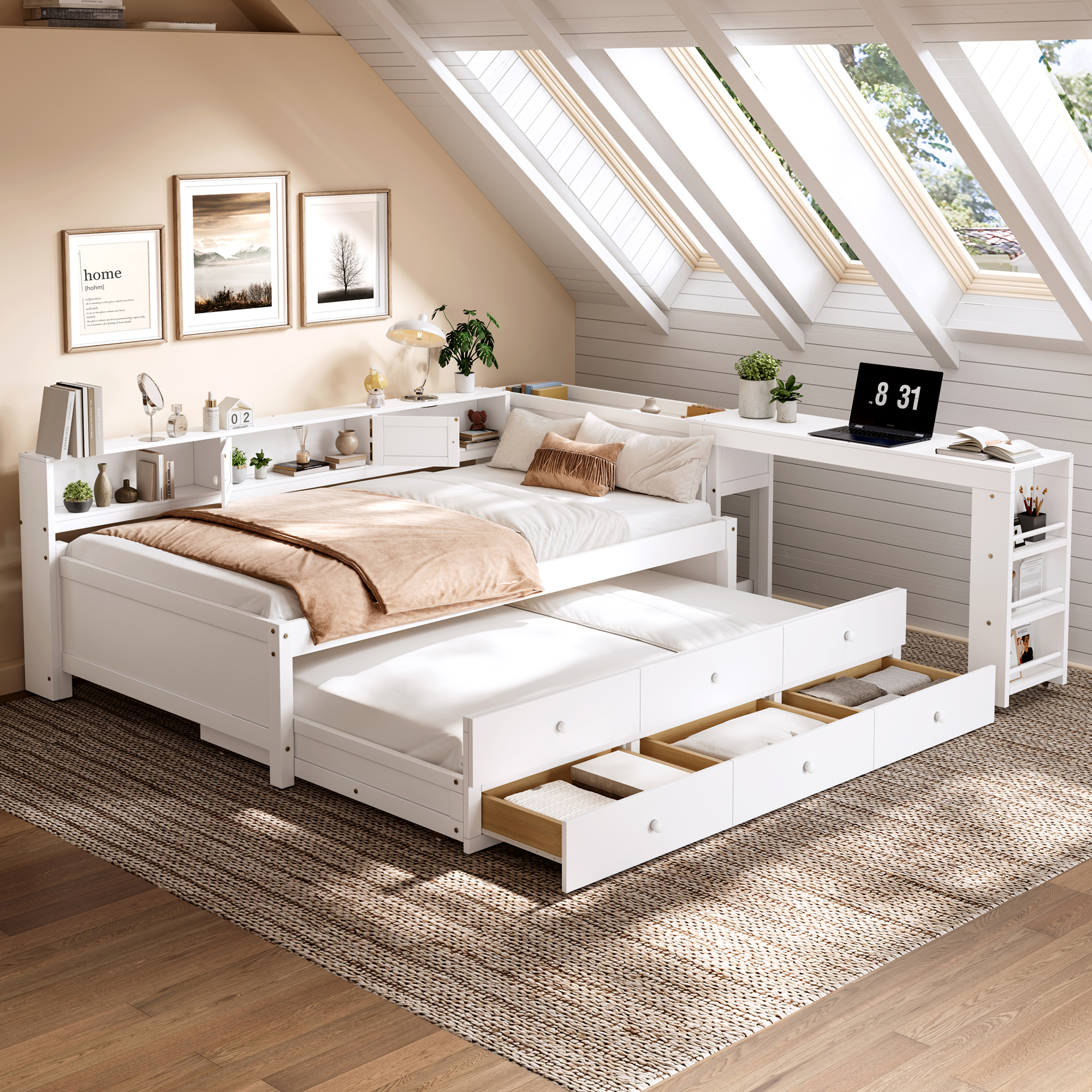 Twin Size Daybed With Trundle,Wood Daybed Frame with Storage Drawers,Side Shelves and Desk,White