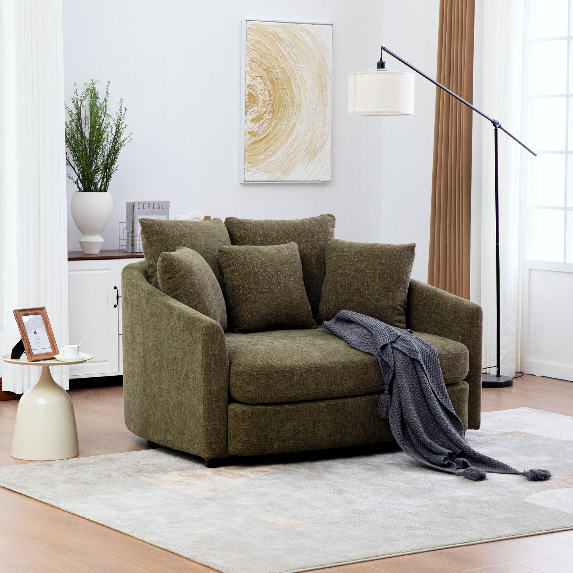 56.3” Wide Upholstered Round Accent Cuddle Chaise with Pillows, Cozy Oversized Slipcovered Barrel Lounger Chair with Deep Seat Reading Armchair for Club, Living Room, Bedroom, Office, Lounge, Green