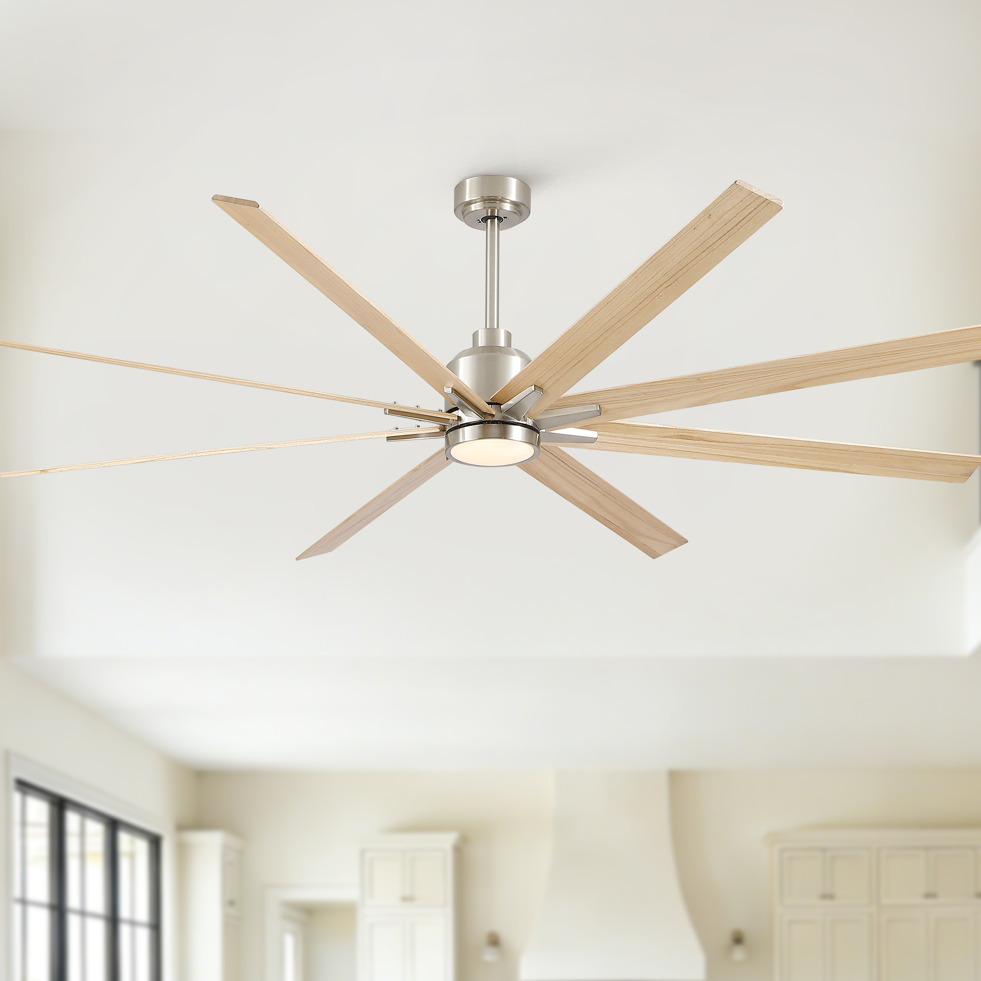 84″ Oversized Large Brushed Nickel Light Yellow Solid Wood Ceiling Fan with Dimmable Led Light Control Reversible DC Motor For Living Room Warehouse Villa