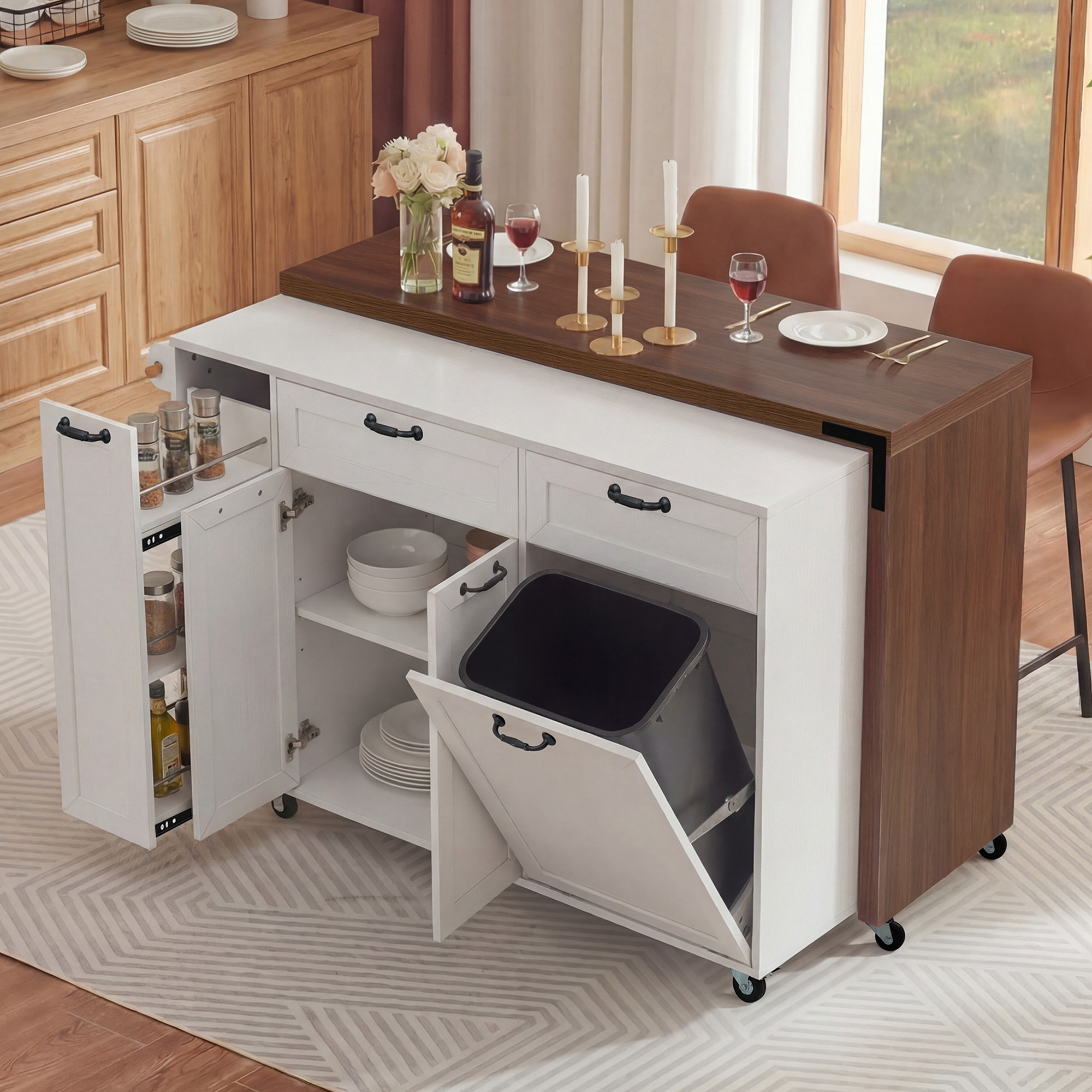 K&K 102.3″ Kitchen Island with Extendable Dining Table, Kitchen Rolling Island Cart with Trash Storage Cabinet, 3-Tier Pull-Out Spice Rack, Mobile Island Table on Wheels for Kitchen, Dining Room,White