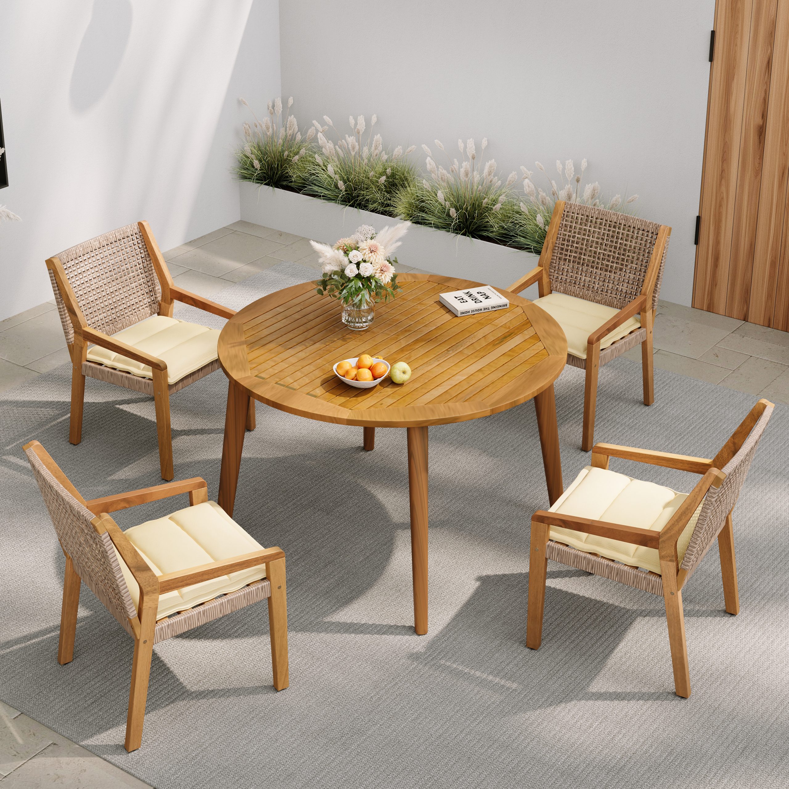 Outdoor Dining Set – Premium Acacia Wood Stamford Table & Wicker Chairs with Cream Cushion for Comfortable Dining Experience,Suitable for large gatherings(1 Table + 4 Chairs)