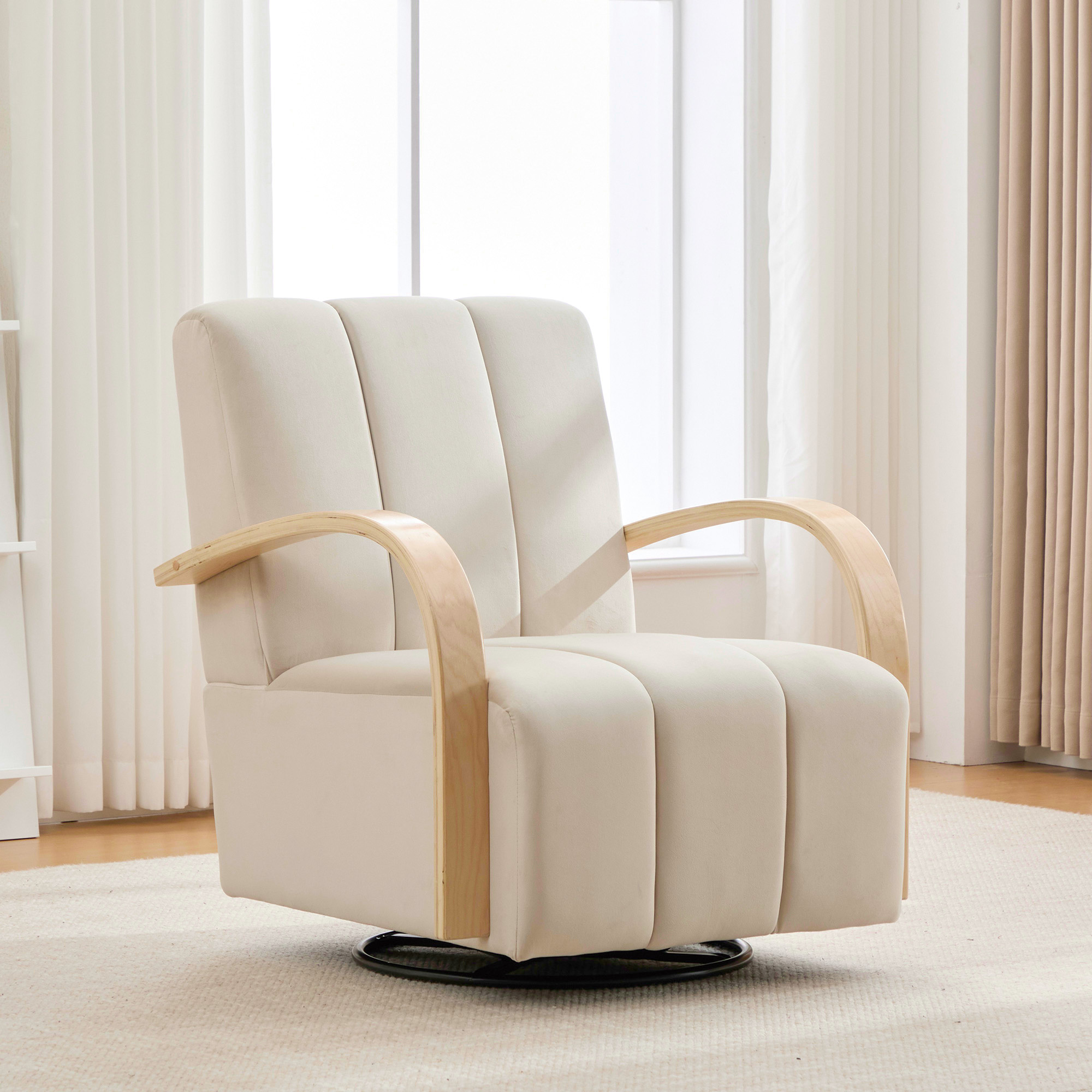 30.7″W Modern Upholstered 360° Swivel Accent Chair with Solid Wood Armrests and Comfy Channel Tufted Lounge Reading Chair, Single Sofa Armchair for Hotel Bedroom Living Room Office and Bedroom. Beige