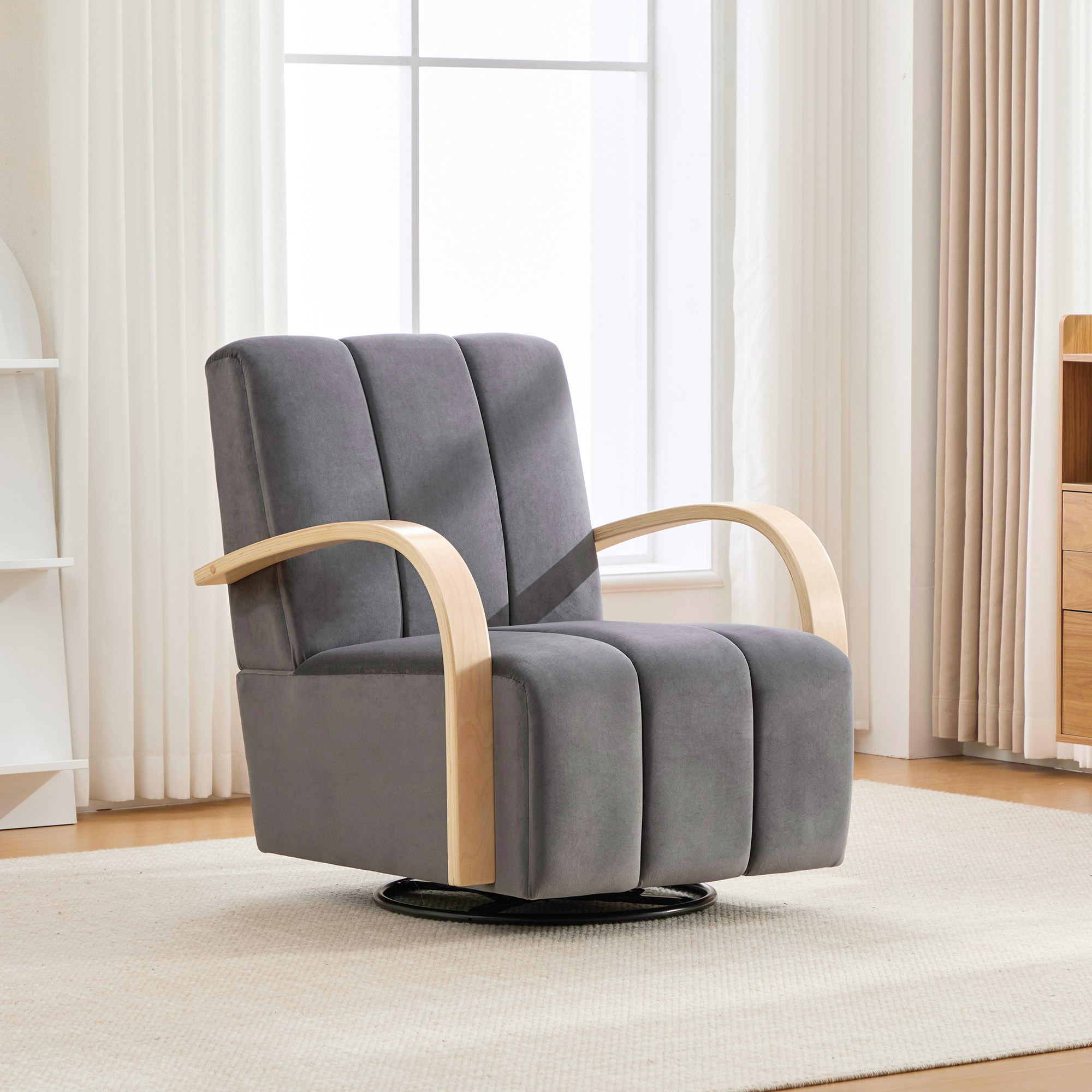 30.7″W Upholstered 360° Swivel Accent Chair with Solid Wood Armrests and Comfy Channel Tufted Lounge Reading Chair, Single Sofa Armchair for Hotel Bedroom Living Room Office and Bedroom. Charcoal