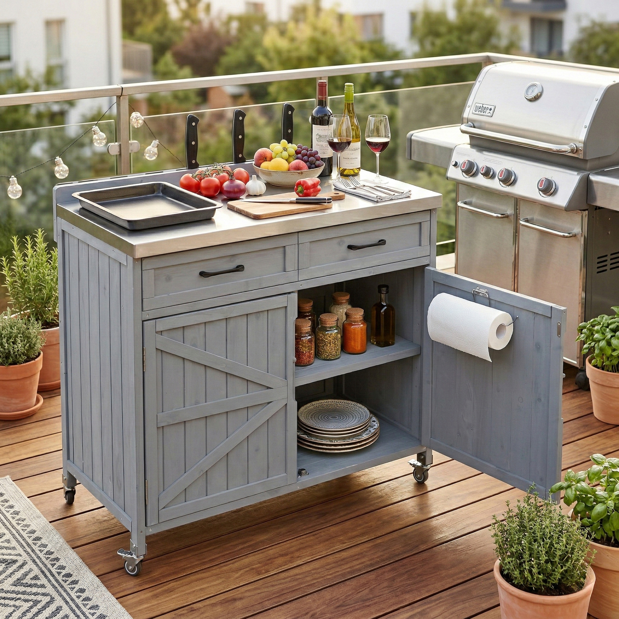 K&K 39.4″ Outdoor Kitchen Island with Stainless Table Top, Outdoor Storage Kitchen Cabinet with One Large Drawer, Adjustable Shelves, Internal Storage Racks & 4 Wheels for Pizza Prep, Grey Blue