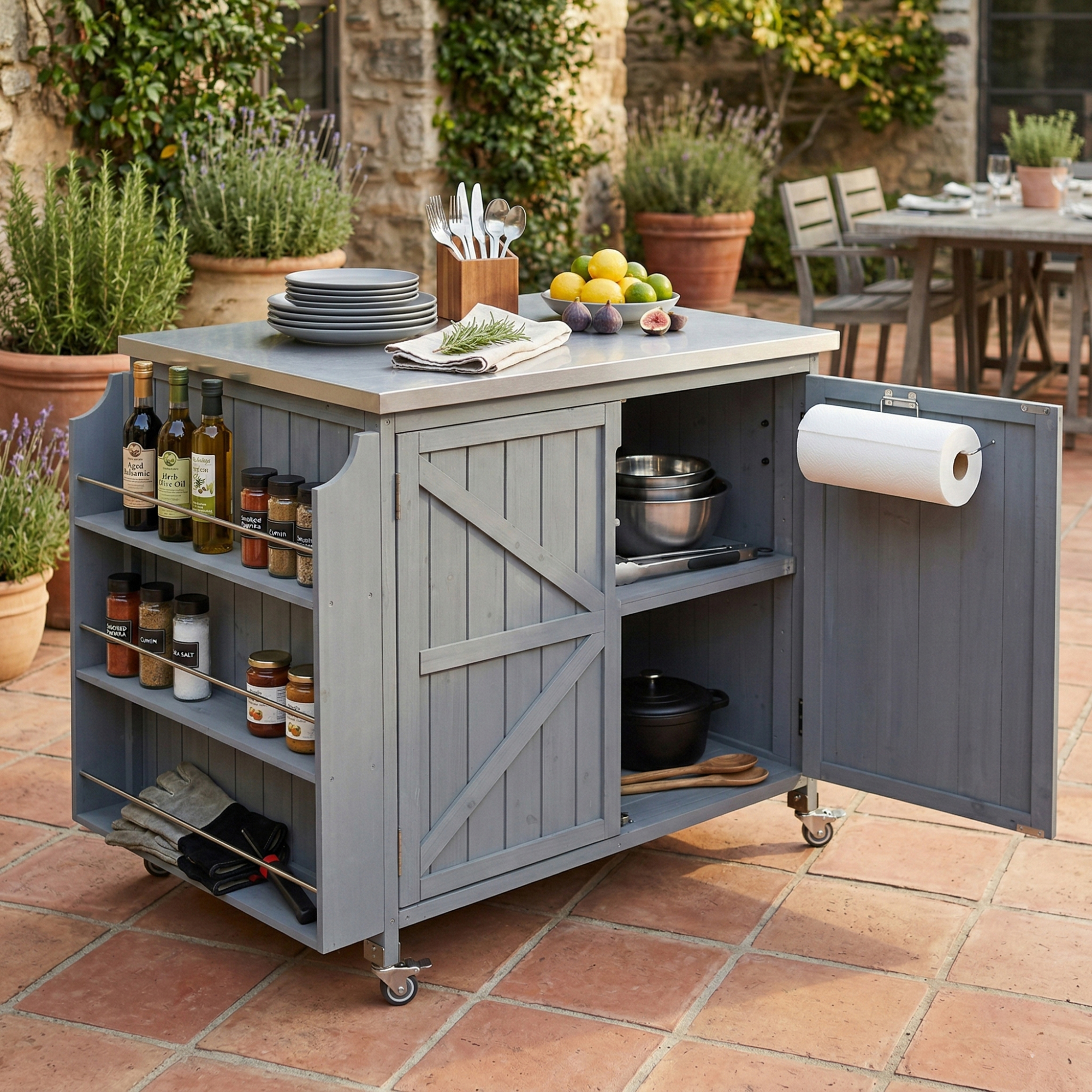 K&K 42.1″ Outdoor Kitchen Island with Side Shelf, Outdoor Grill Cart with Storage Cabinet, Outdoor Kitchen Cabinet with Stainless Steel Top,  Adjustable Shelf and 4  Wheels for Pizza Prep, Grey Blue