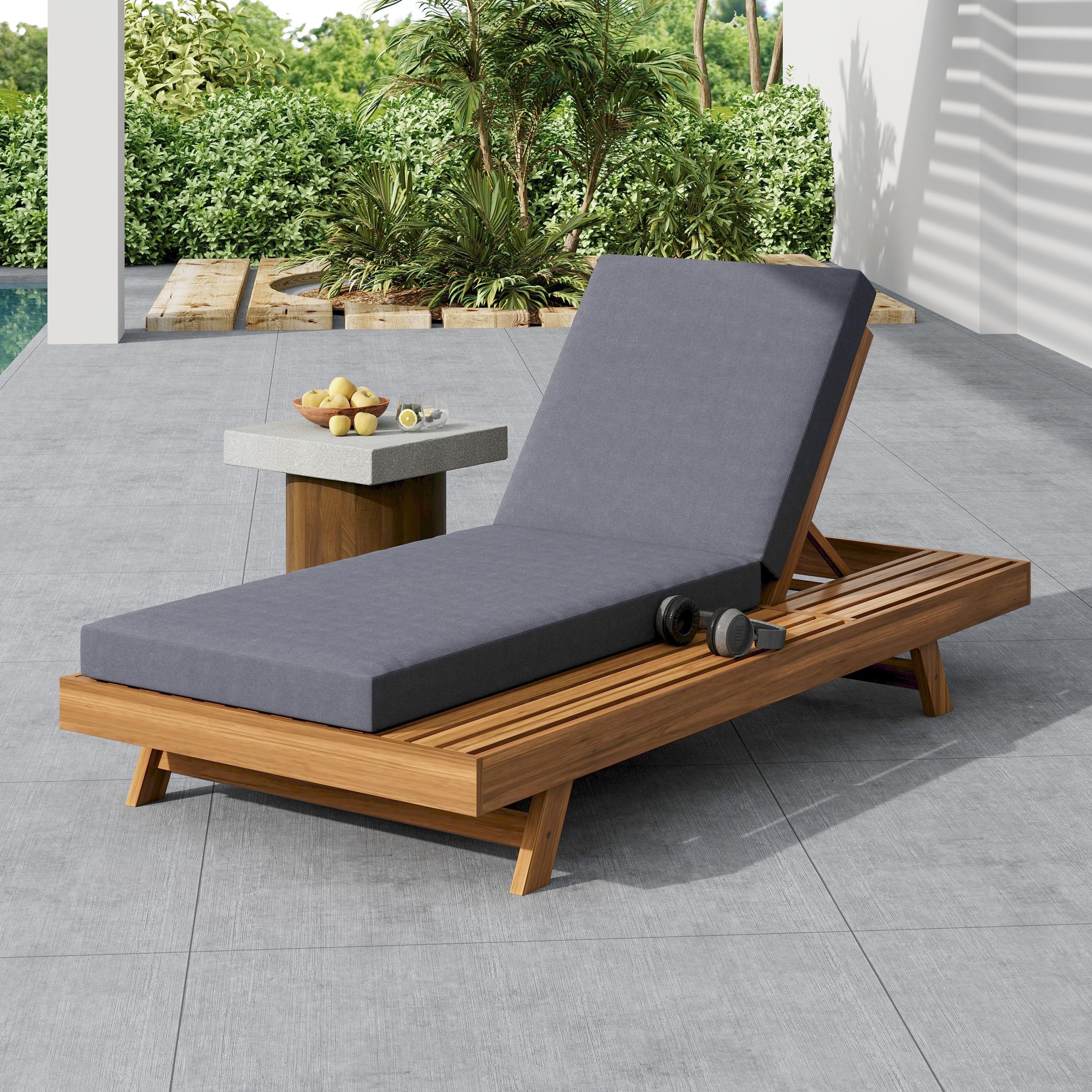 LOUNGE CHAISE SET,SPACE AVAILABLE ON ONE SIDE, ACACIA WOOD WITH WATER-RESISTANT LOUNGE CUSHIONS (Dark Grey/ & 4 INCH THICK) – MATCHING CREAM VERSION AVAILABLE