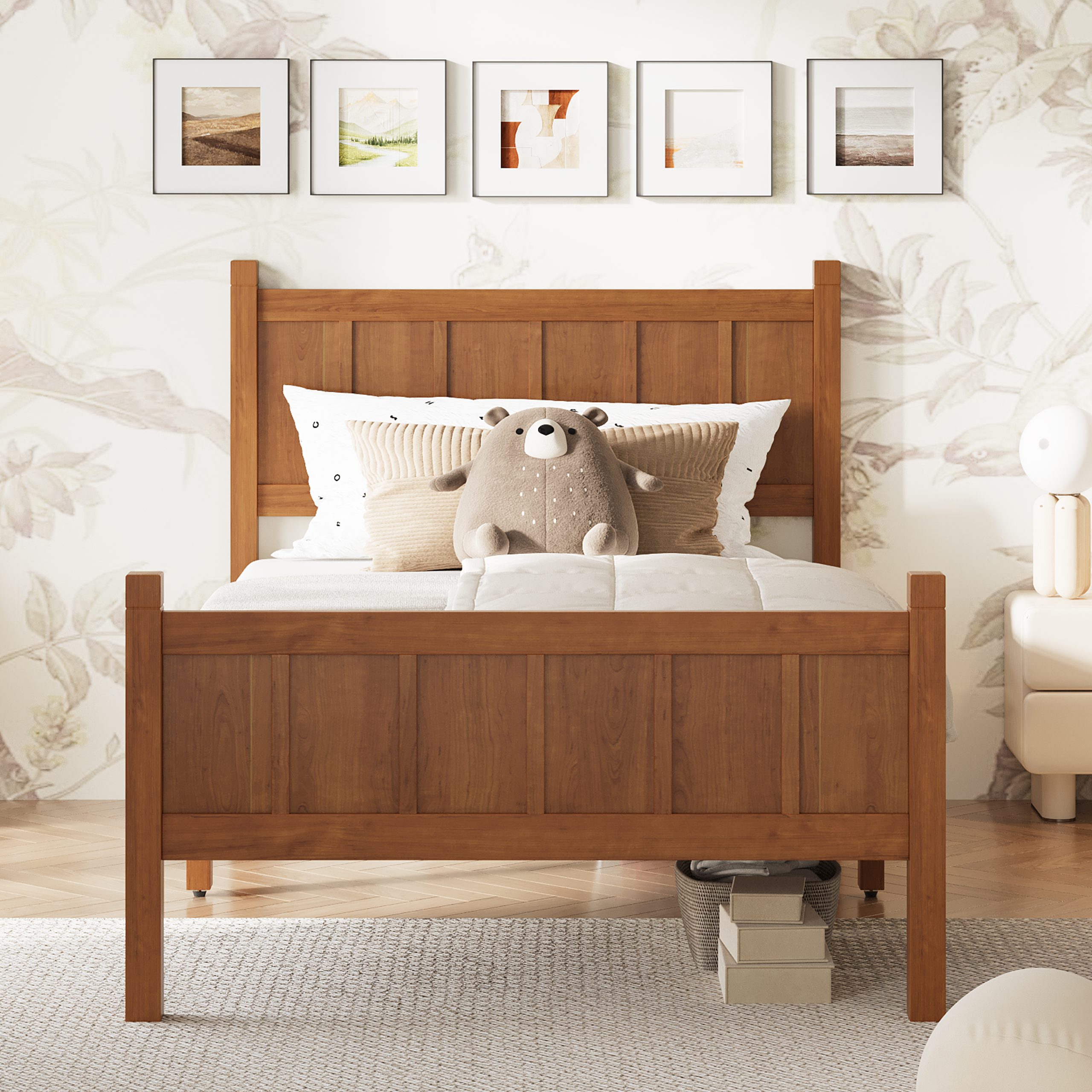 Twin Size Flat Panel Bed with Headboard & Footboard, Minimalist Modern Platform Bed with Wood Grain Finish, Shaker and Farmhouse Style Design, Sleek and Functional Bedroom Furniture,Light Walnut