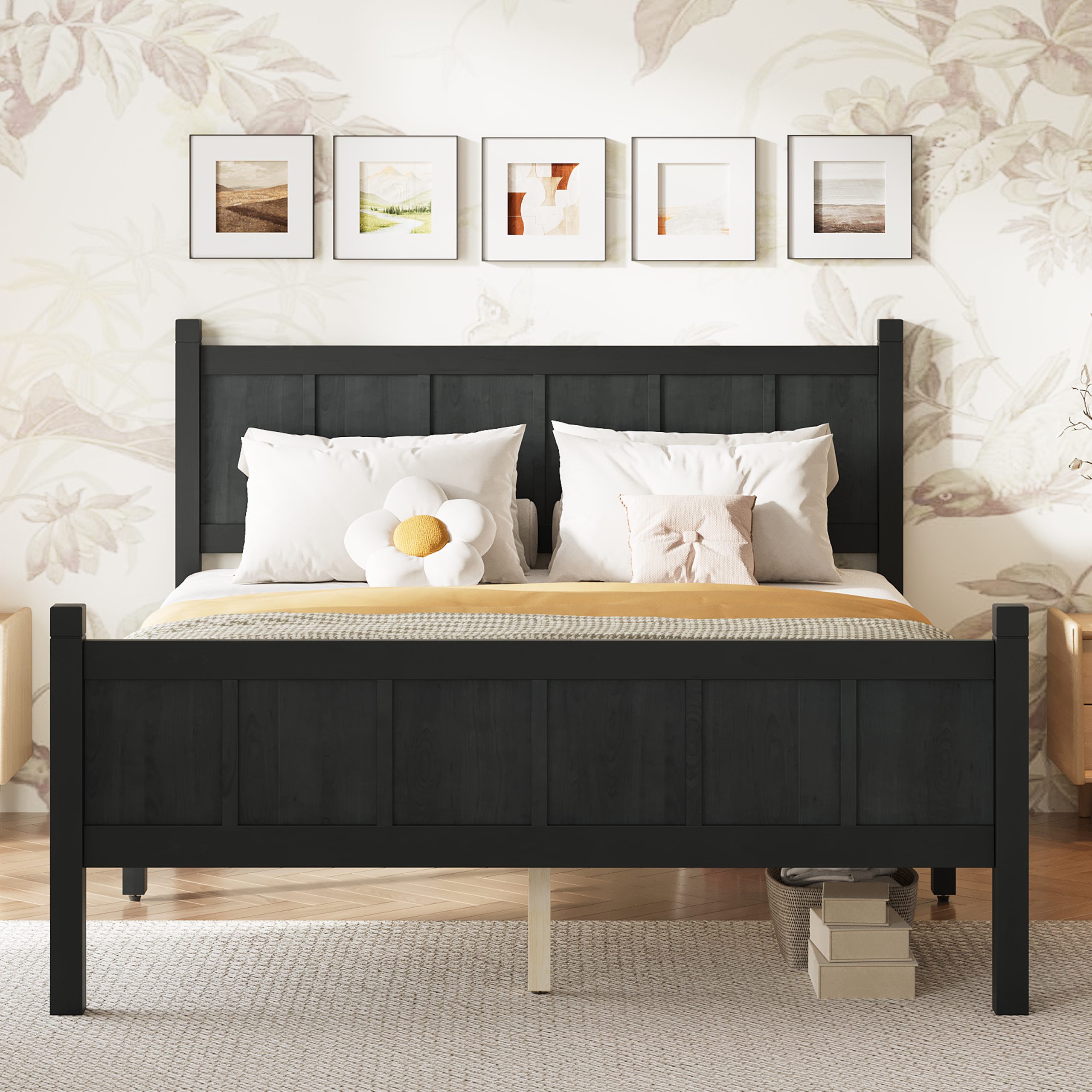 Full Size Flat Panel Bed with Headboard & Footboard, Minimalist Modern Platform Bed with Wood Grain Finish, Shaker and Farmhouse Style Design, Sleek and Functional Bedroom Furniture,Black