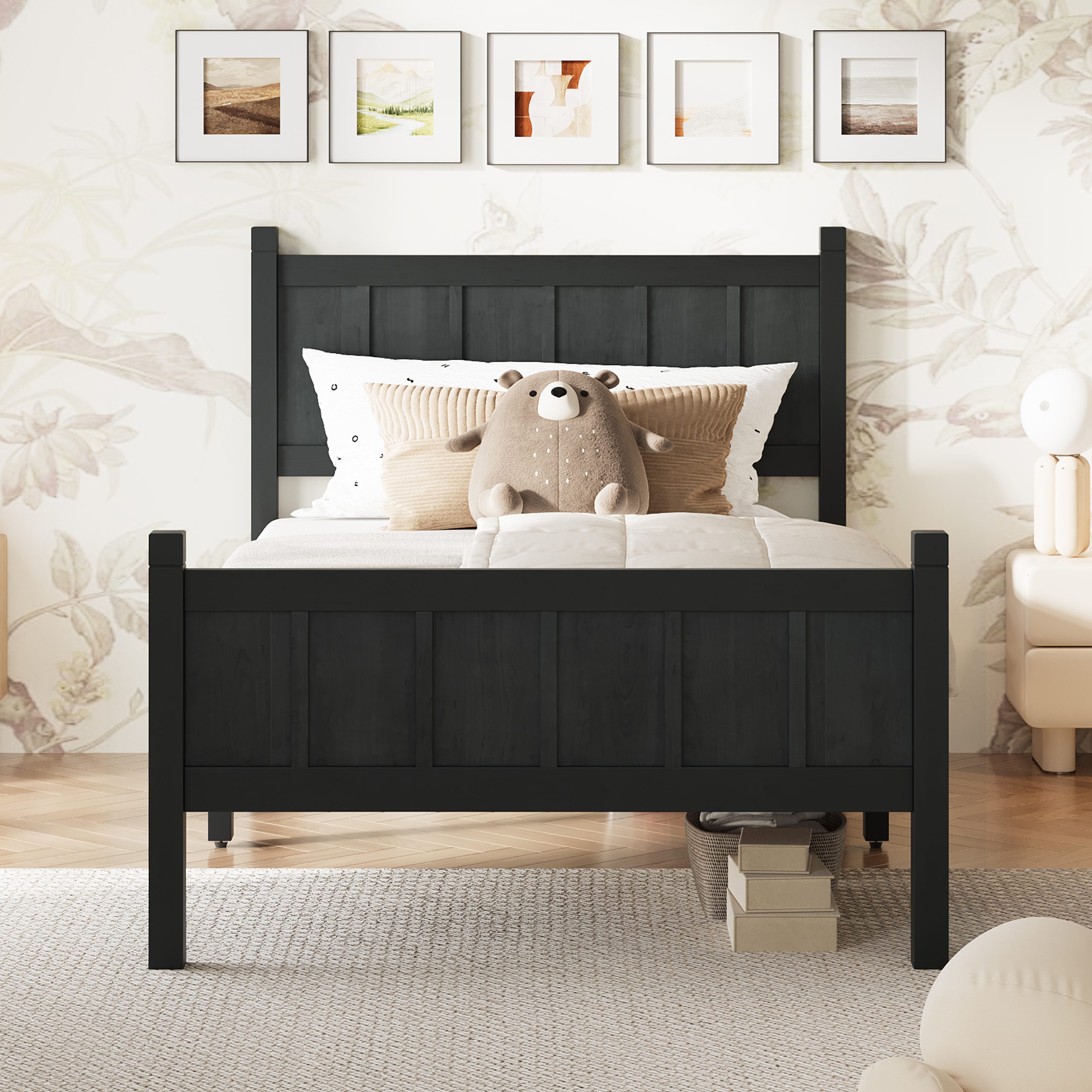 Twin Size Flat Panel Bed with Headboard & Footboard, Minimalist Modern Platform Bed with Wood Grain Finish, Shaker and Farmhouse Style Design, Sleek and Functional Bedroom Furniture,Black