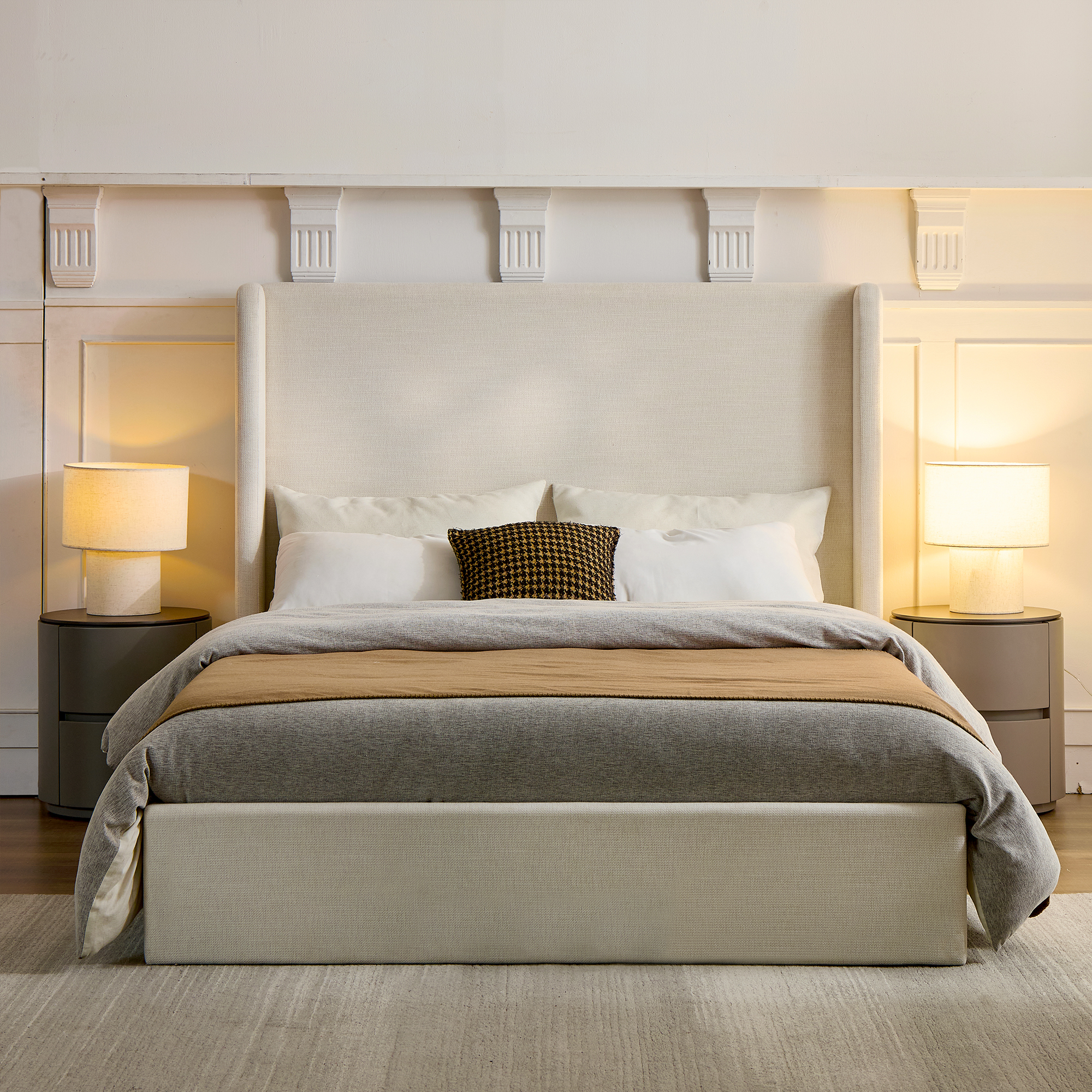 Carmen Upholstered Wingback Bed / Upholstered Platform Bed Frame / 52.3″ High Headboard / Simplicity / Minimalist / No Box Spring Needed / Easy Assembly / King/ Textured Ivory Canvas Chenille/No Noise
