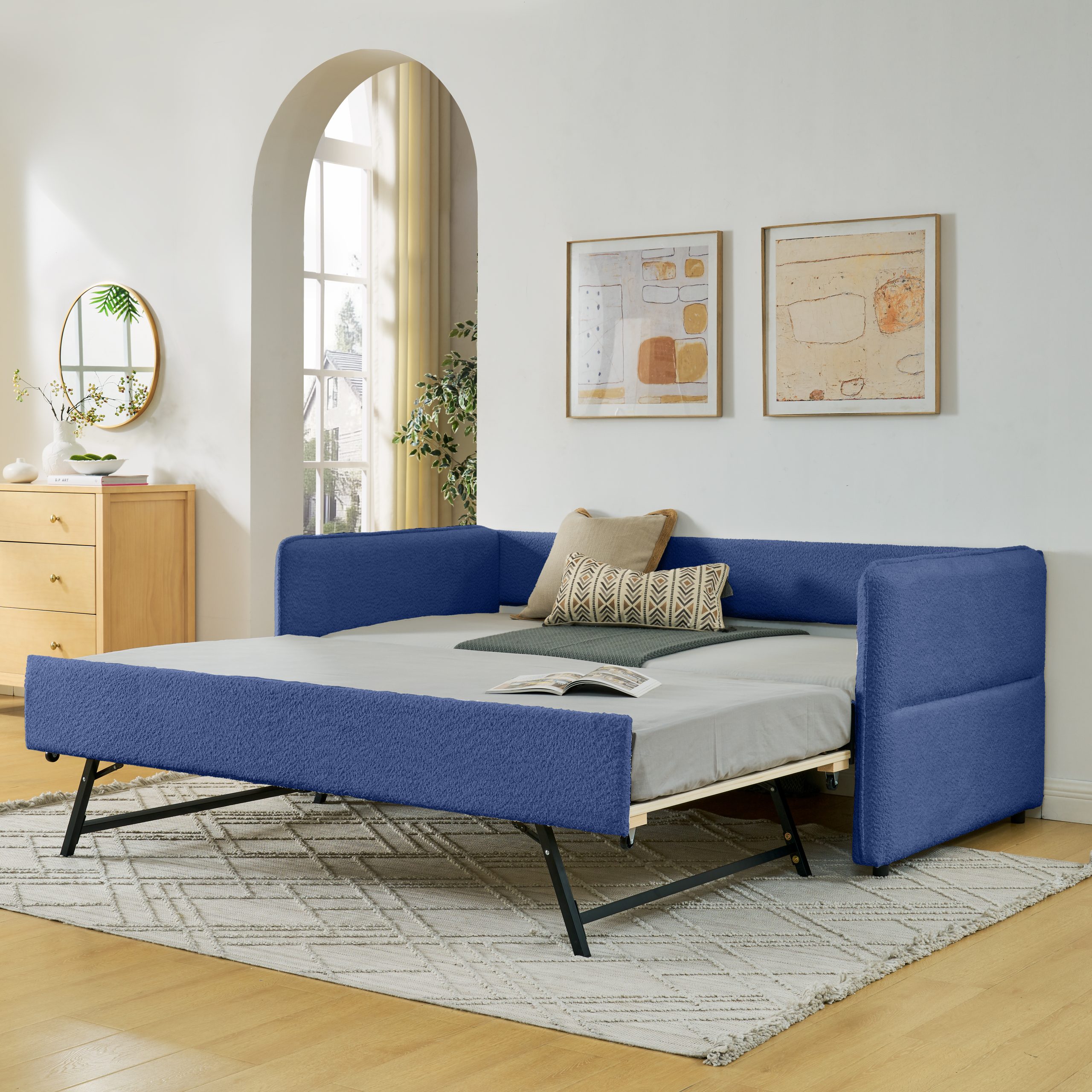 Daybed with Twin Size Pop-up Trundle Upholstered Tufted Sofa Bed, Twin Size, Boucle Fabric (83″x43″x29.5″)