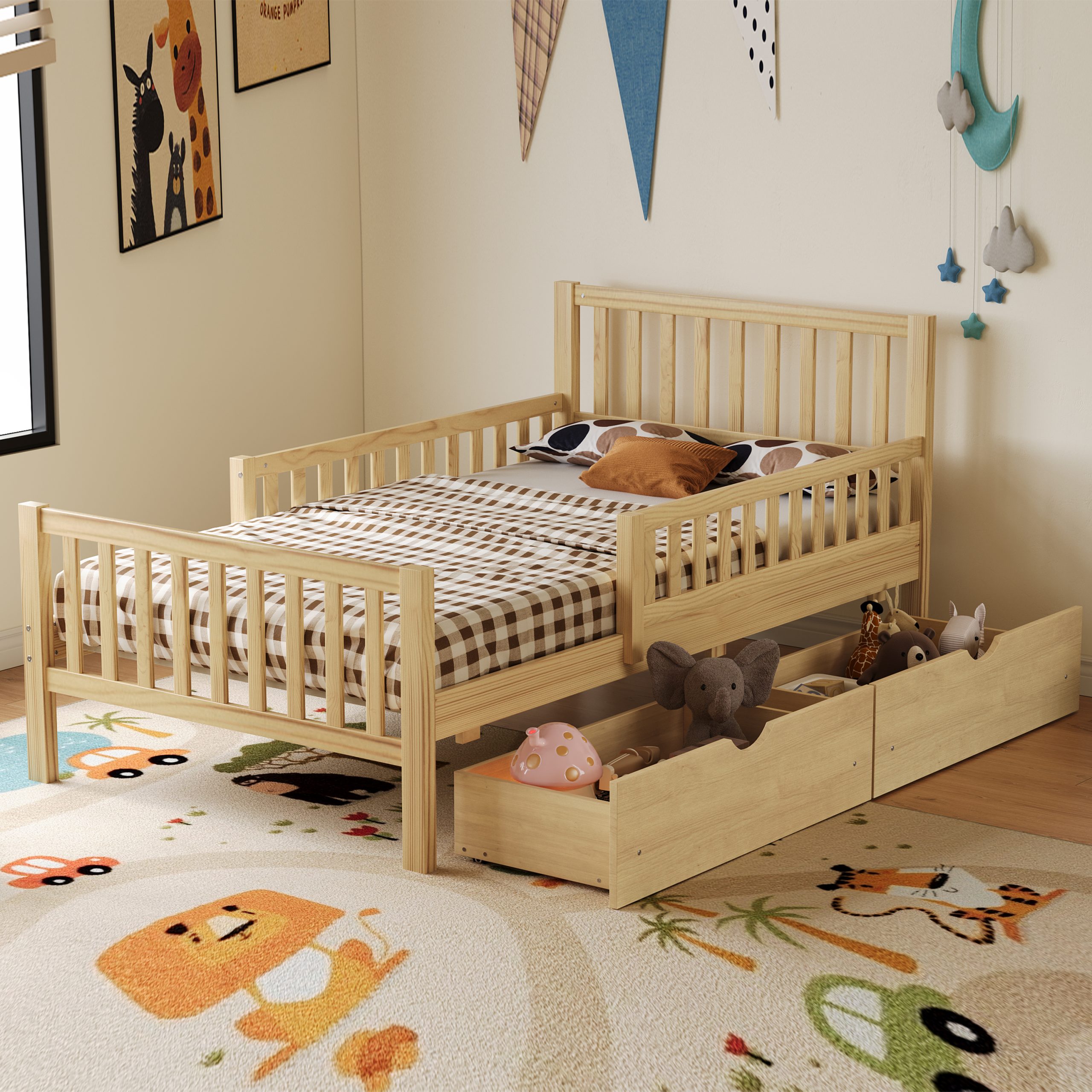 Twin Size Wood Platform Bed with Guardrails on Both Sides and Two Storage Drawers ,Natural