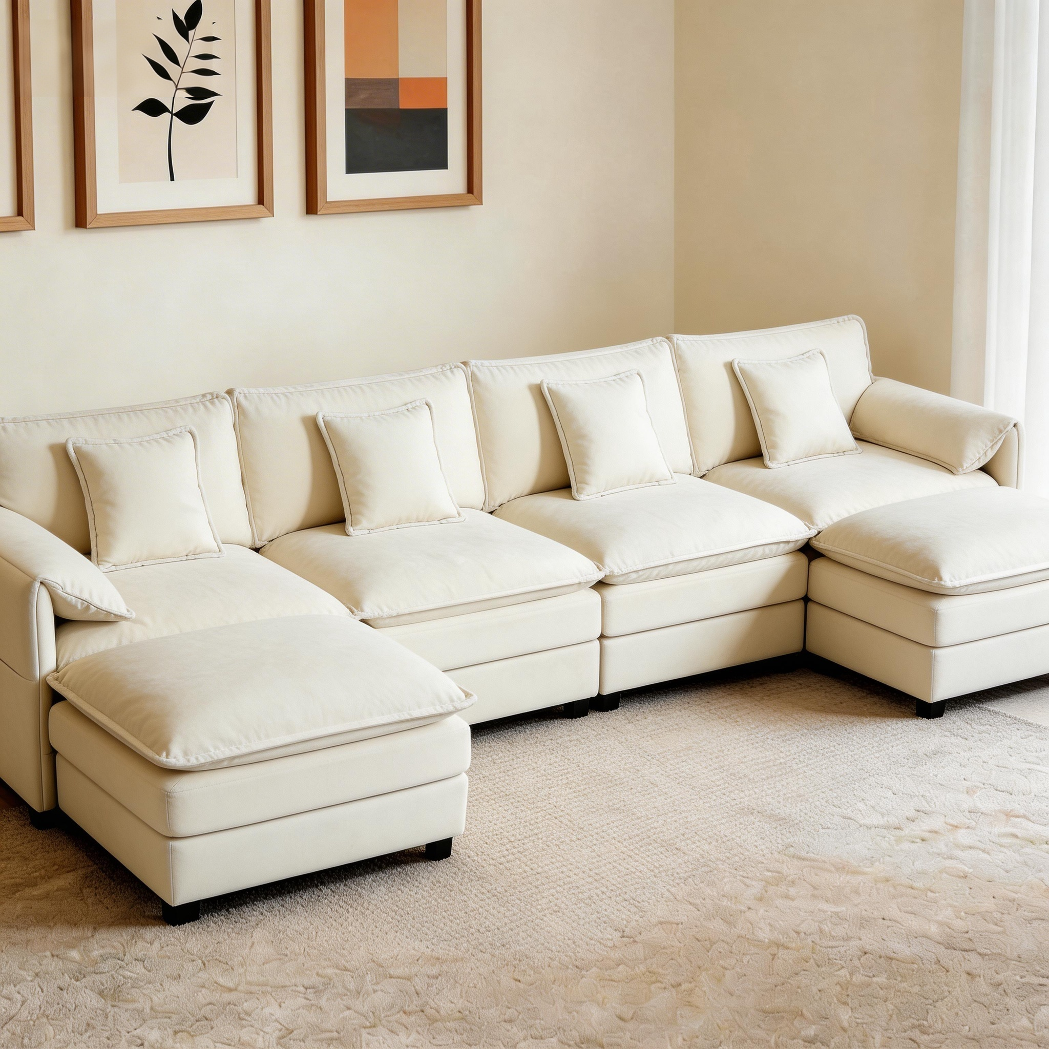 (Old:W3163S00028) Modular Sectional Sofa, Oversized Deep Seat U Shaped Couch Set for Living Room, 4-Seater Comfy Cloud Couches with 2 Movable Ottomans, DIY Combination, Chenille,Beige