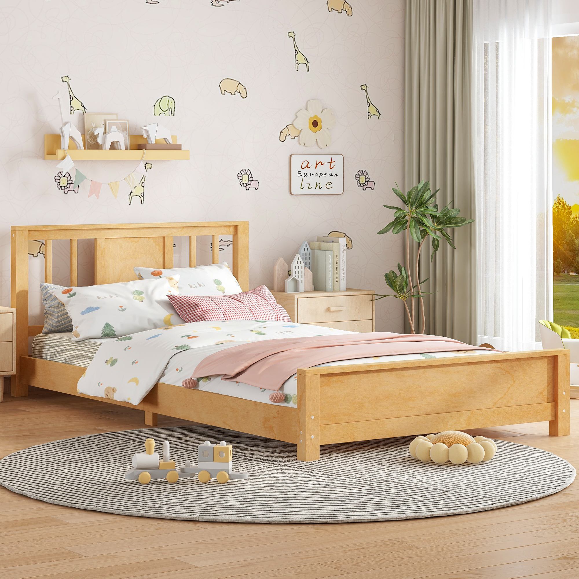 Twin Size Platform Bed Frame with Headboard, Solid Wood Low Profile Platform Bed Frame, Floor Bed with Support Slats, Natural