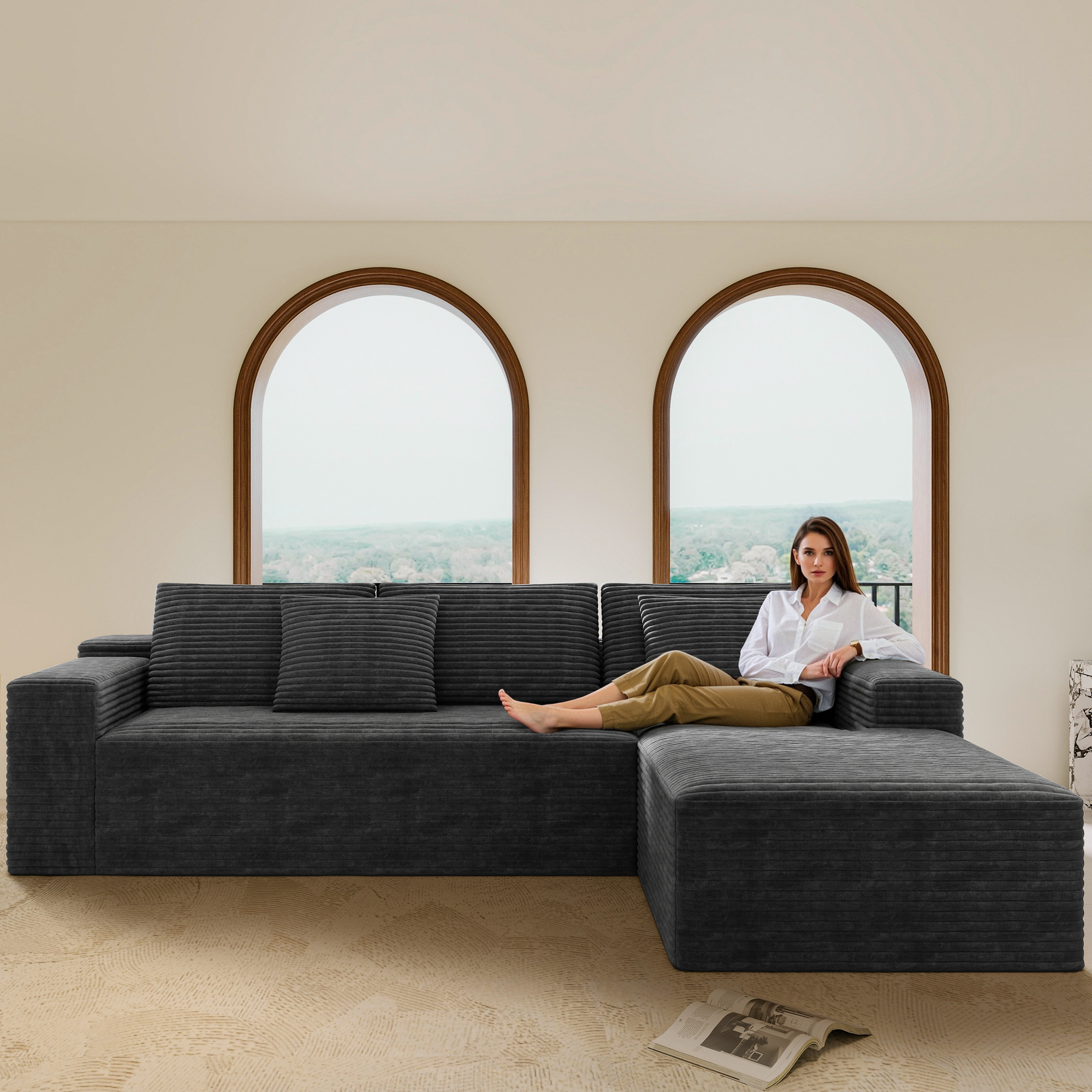 104.3*68.9″Modular sectional sofa seat,Upholstered compressed couch for living room,Bedroom,Apartment,No assembly required,2PC free combination,Plush corduroy fabric,GREY