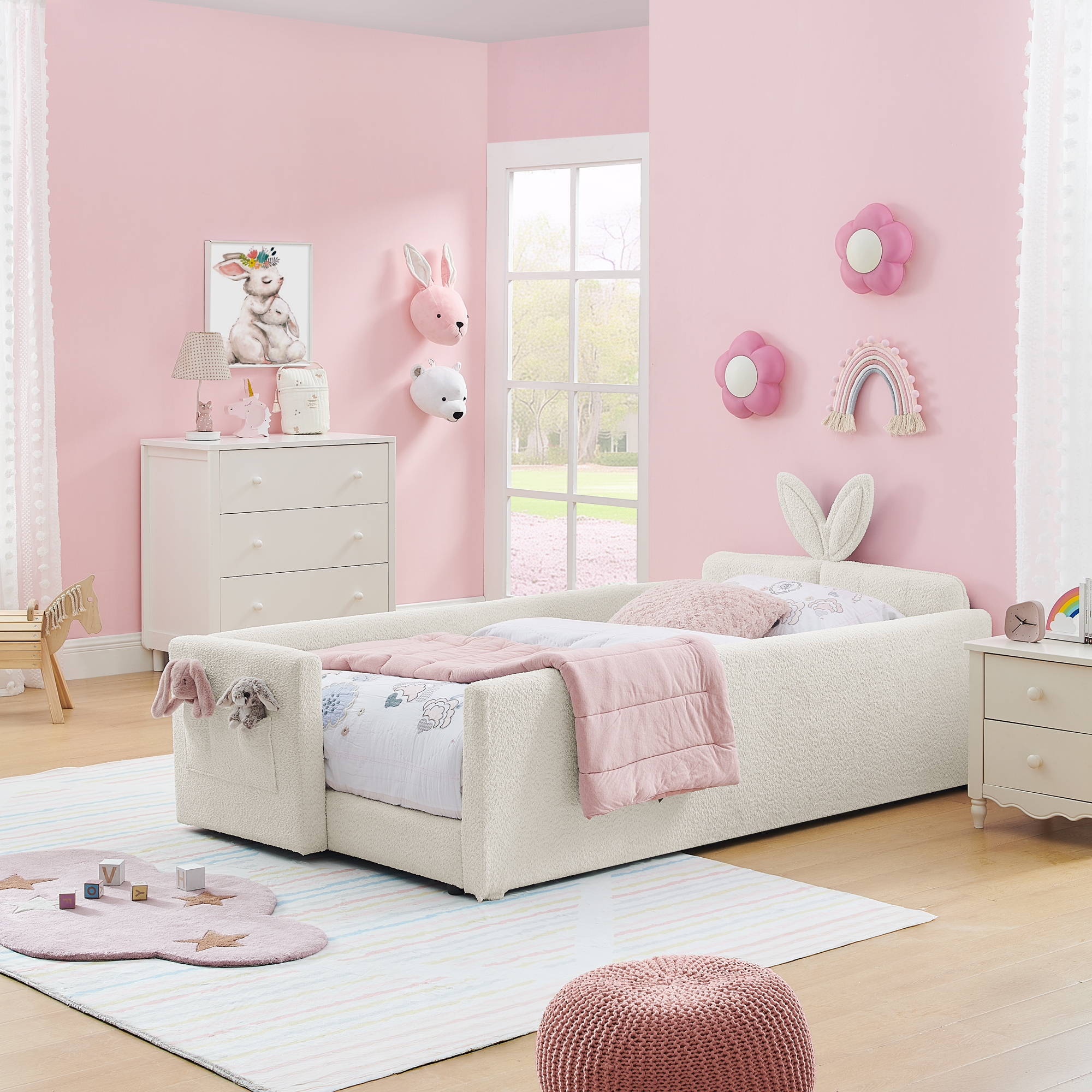 Twin Size Upholstered Platform Bed with Cute Rabbit Ear Shaped Headboard, with Safety Rail and Pocket, Boucle Fabric, Beige