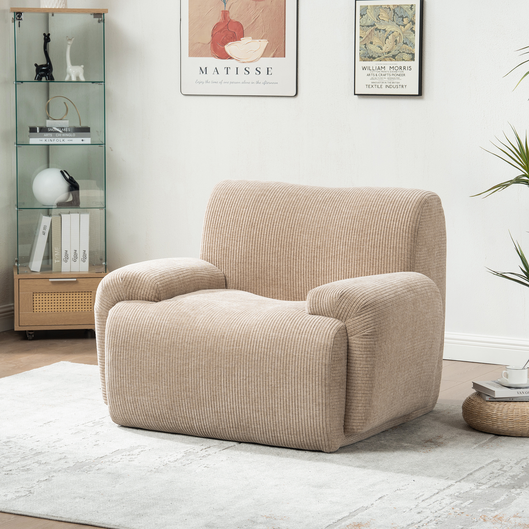 42″ Wide Modern Upholstered Chenille Vertical Stripes Accent Chair, Boneless Single Sofa Chair, Armchair Comfy Reading Lounge Chair with Deep Seats for Living Room Bedroom Apartment, Dorms, Taupe