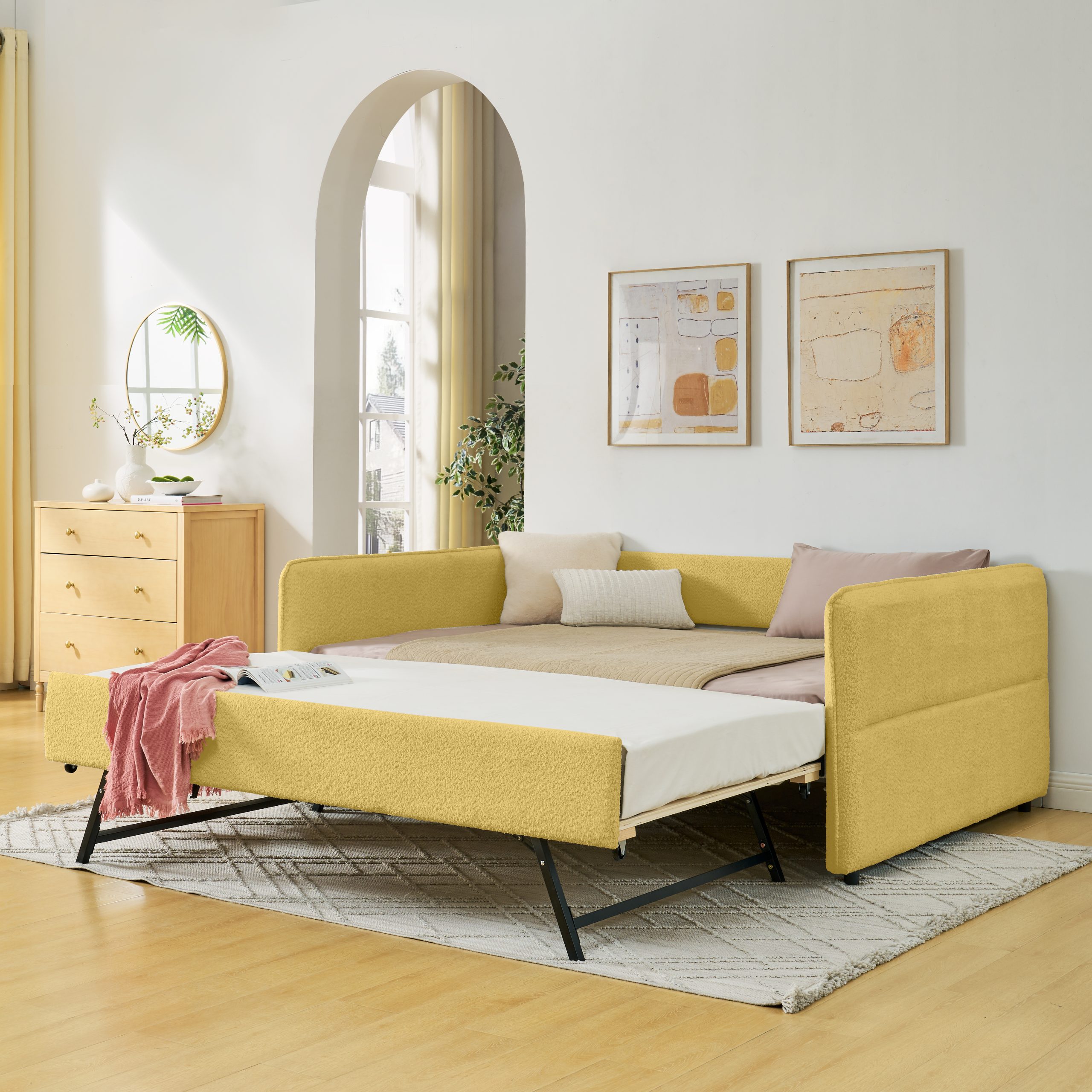 Full Size Daybed with Twin Size Pop-up Trundle Upholstered Tufted Sofa Bed, Full Size, Boucle Fabric (83″x58.5″x29.5″)