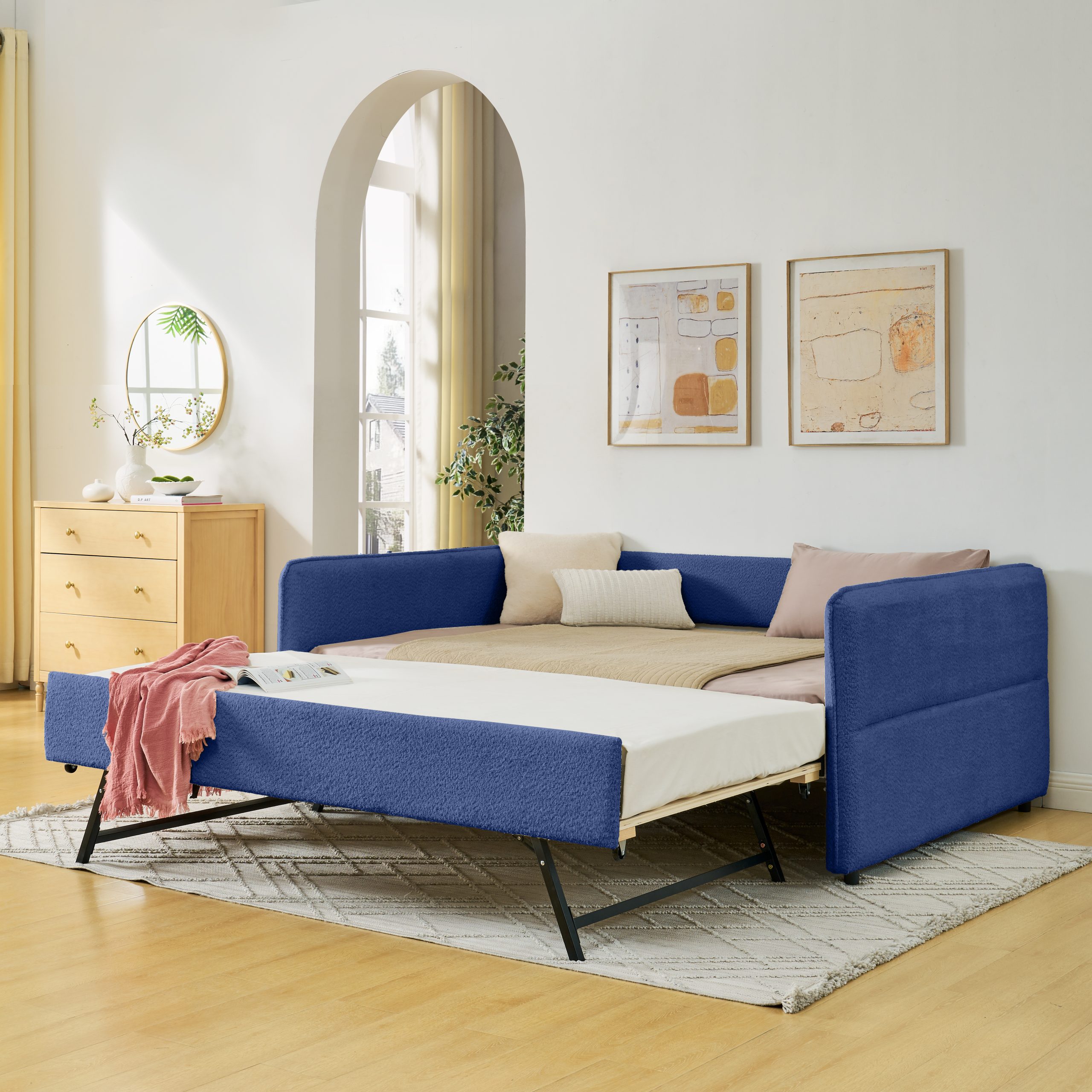 Full Size Daybed with Twin Size Pop-up Trundle Upholstered Tufted Sofa Bed, Full Size, Boucle Fabric (83″x58.5″x29.5″)