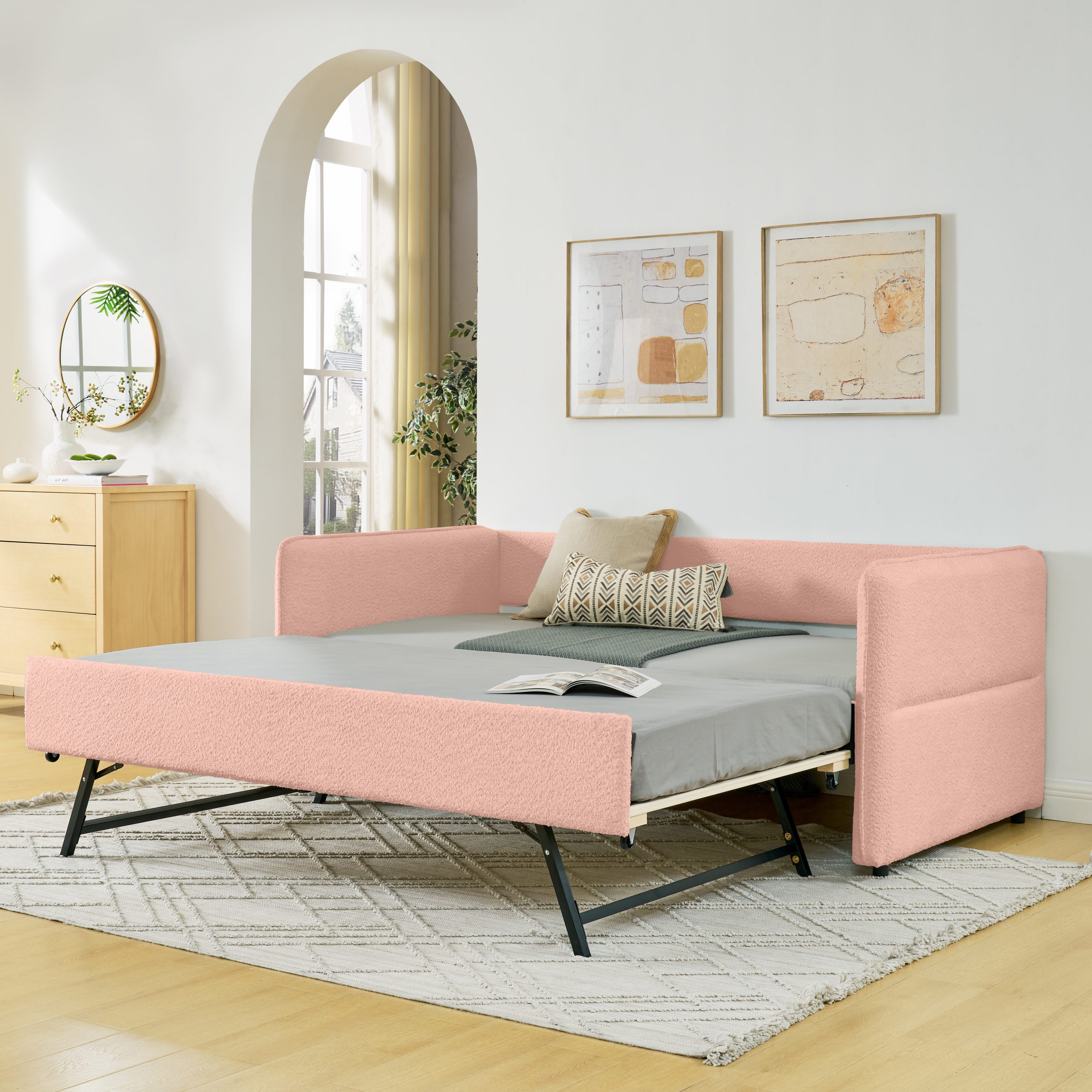 Daybed with Twin Size Pop-up Trundle Upholstered Tufted Sofa Bed, Twin Size, Boucle Fabric (83″x43″x29.5″)