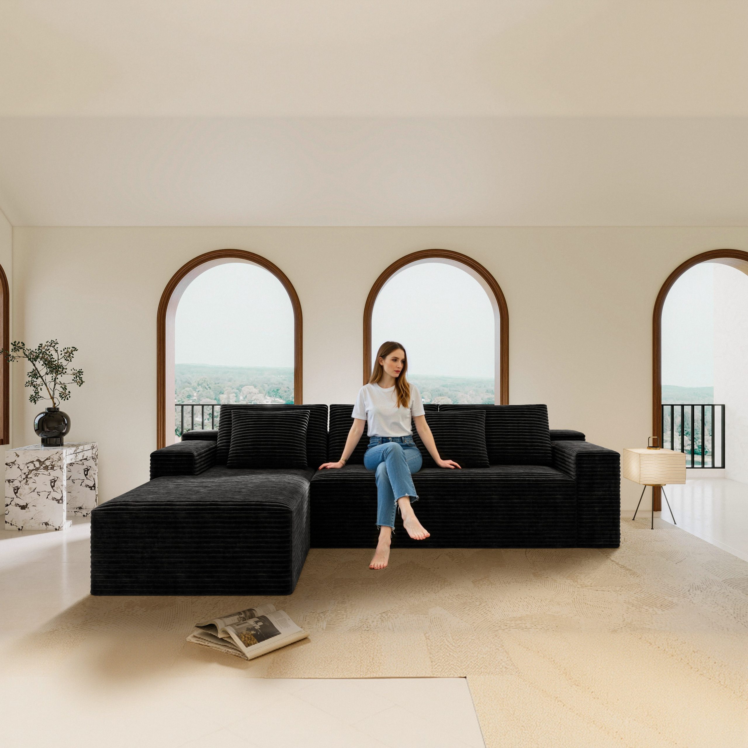 104.3*68.9″Modular sectional sofa seat,Upholstered compressed couch for living room,Bedroom,Apartment,No assembly required,2PC free combination,Plush corduroy fabric,BLACK