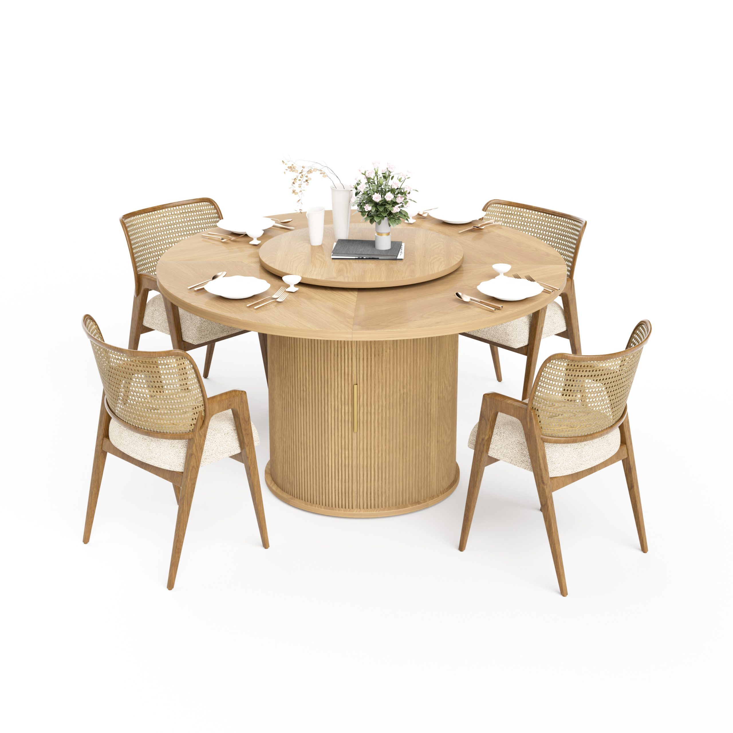 55-inch round dining table for six, featuring a double-tiered storage rack and a rotating tabletop tray. Wooden wavy-striped sliding doors. Ideal for home dining room living room (Natural).