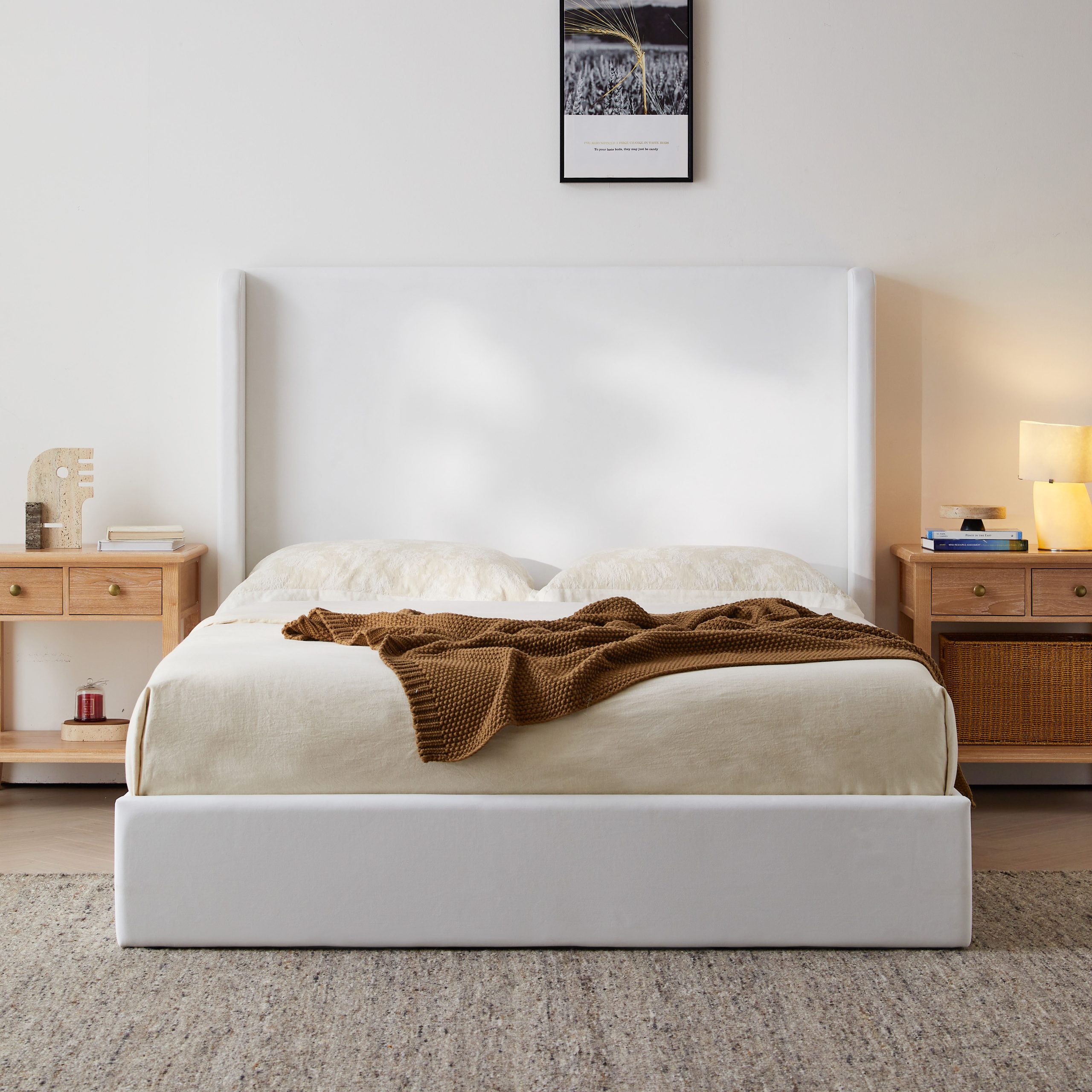 Carmen Upholstered Wingback Bed / Upholstered Platform Bed Frame / 52.3″ High Headboard / Simplicity / Minimalist / No Box Spring Needed / Easy Assembly / King /  Coconut Micro Suede  /  No Noise