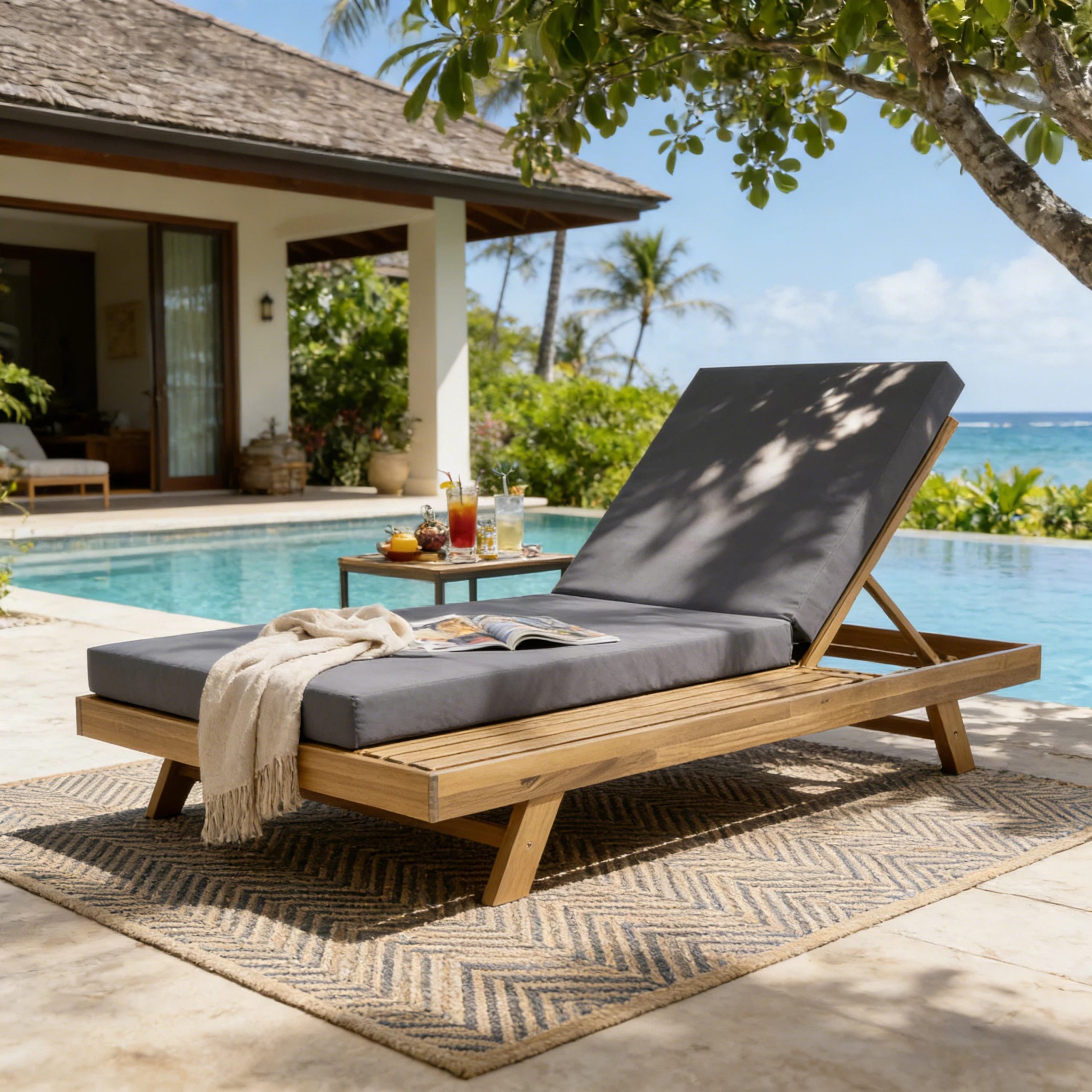 Lounge Chaise Set, Space Available On One Side, Acacia Wood In light brown With Water-Resistant Lounge Cushions (Dark Grey & 4 Inch Thick) – Matching Cream Version Available