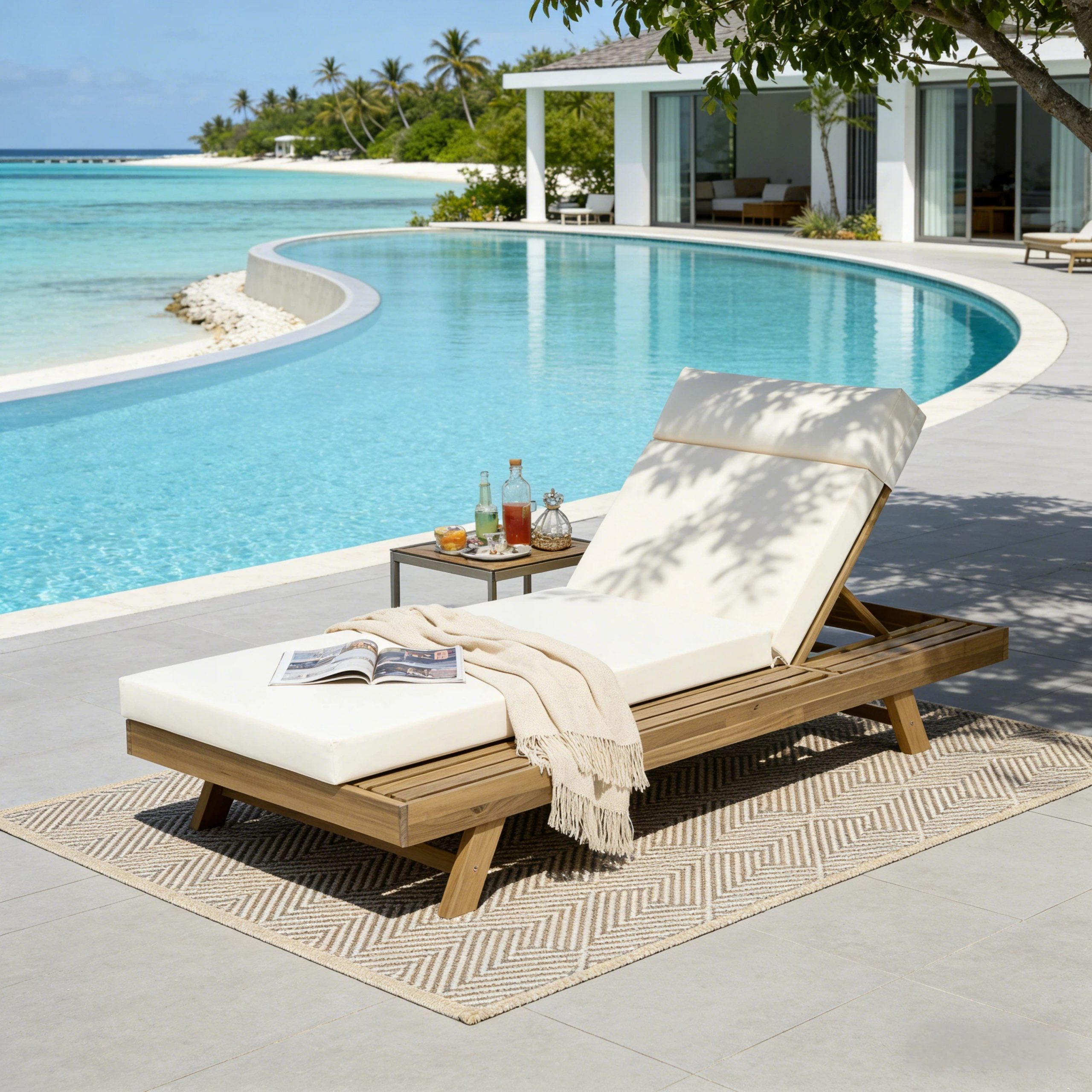 Lounge Chaise Set With Headrest, Space Available On One Side, Acacia Wood In light brown With Water-Resistant Lounge Cushions (Cream & 3-Fold & 4 Inch) – Matching Dark Grey/Beige Version Available