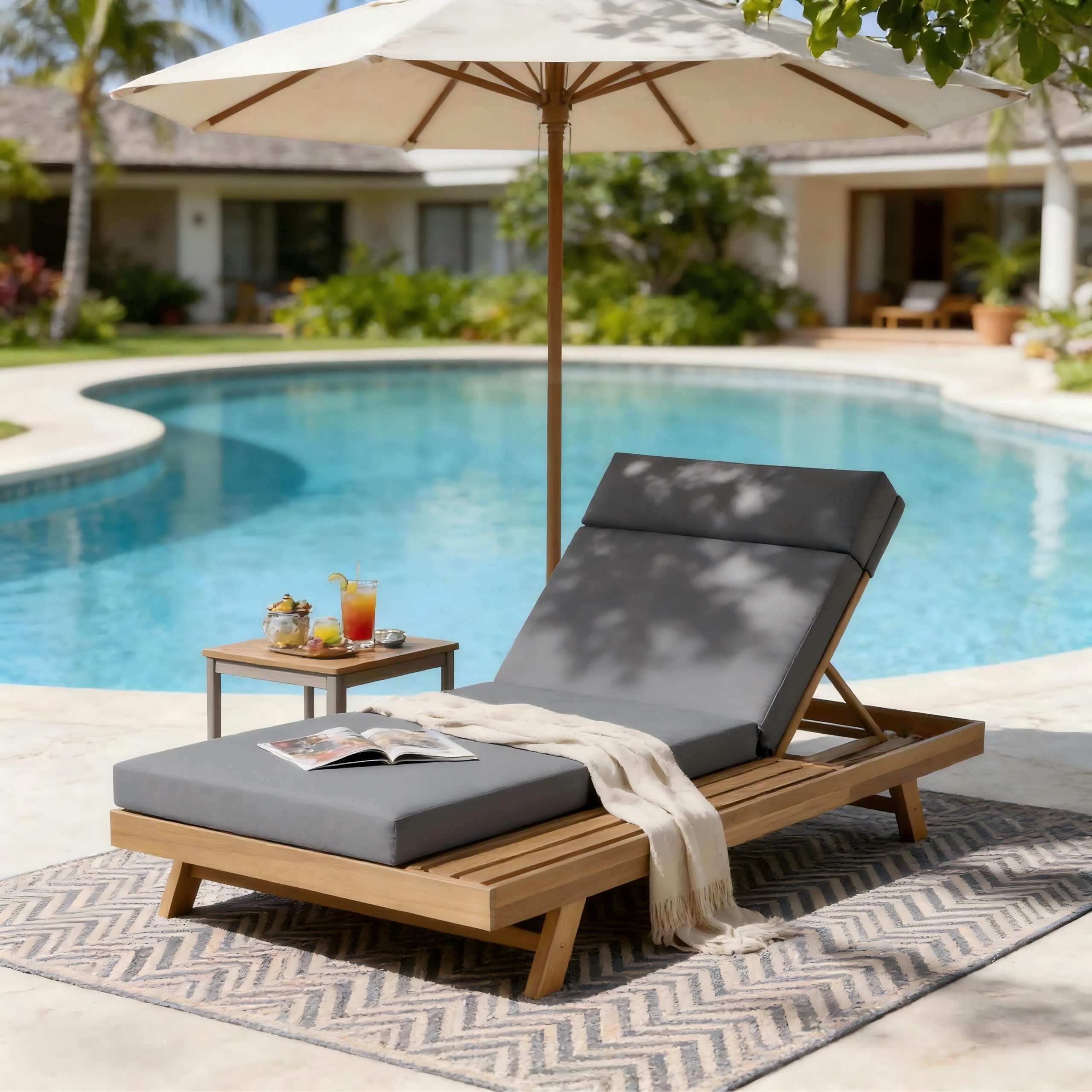 Lounge Chaise Set With Headrest, Space Available On One Side, Acacia Wood In light brown With Water-Resistant Lounge Cushions (Dark Grey & 3-Fold & 4 Inch) – Matching Cream/Beige Version Available
