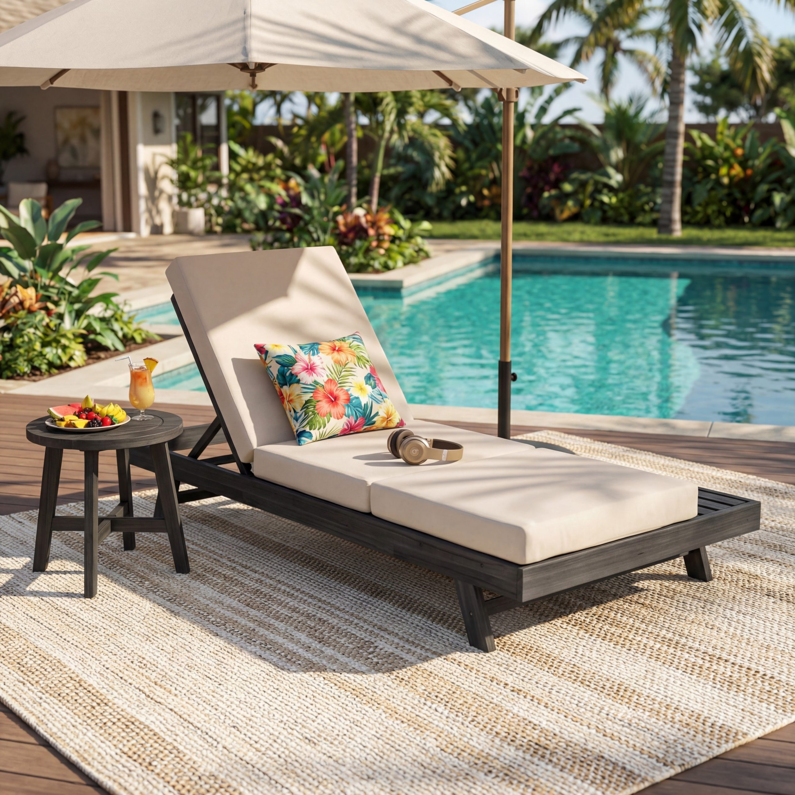 Lounge Chaise Set, Space Available On One Side, Acacia Solid Wood In Black With Lounge Cushion (Cream & Triple Fold) – Matching Dark Grey Version Available